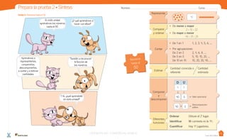 Casa del Saber
Cantidad conocida o
referente
Cantidad
estimada
Componer
y
descomponer
Diferentes
funciones
Estimar
Representar
Números
hasta el
50
2 - 12 - 22
45 - 31 - 25
Comparar
y ordenar
10
Contar
• De 1 en 1 1, 2, 3, 4, 5, 6, ...
• Por agrupaciones
De 2 en 2 2, 4, 6, 8, ...
De 5 en 5 5, 10, 15, 20, ...
De 10 en 10 10, 20, 30, 40, ...
• De menor a mayor
• De mayor a menor
Ordenar Obtuve el 20
lugar.
Identificar Mi camiseta es la 14.
Cuantificar Hay 11 jugadores.
Valor posicional
Descomposición
aditiva
+40 5
Unidad 2: Números hasta el 50
Nombre: Curso:Prepara la prueba 2 • Síntesis
En esta unidad
aprendimos los números
hasta el 50.
¿Y qué aprendimos a
hacer con ellos?
Aprendimos a
representarlos,
compararlos,
descomponerlos,
a contar y a estimar
cantidades.
También a reconocer
la función de
los números.
Y tú, ¿qué aprendiste
en esta unidad?
40 5
D U
4 5
VERSIÓN NO COMERCIALIZABLE
 