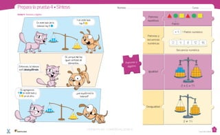 Casa del Saber
Patrones
repetitivos
Patrones y
álgebra
Patrones y
secuencias
numéricas
Desigualdad
Igualdad
Unidad 4: Patrones y álgebra
Nombre: Curso:Prepara la prueba 4 • Síntesis
En este lado de la
balanza hay 6 .
Y en este lado
hay 8 .
Si agregamos
4 en este lado y
5 en el otro…
Entonces, la balanza
está desequilibrada.
Sí, porque no hay
igual cantidad de
elementos.
…¿se equilibrará la
balanza?
Patrón
Patrón numérico
Secuencia numérica
+ 4
840 12 16
8 ≠ 14
8 + 6 = 14
VERSIÓN NO COMERCIALIZABLE
 