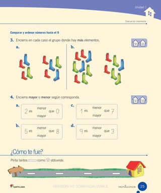 Evaluación intermedia
Comparar y ordenar números hasta el 9
3. Encierra en cada caso el grupo donde hay más elementos.
4. Encierra mayor o menor según corresponda.
veinticinco
Unidad 1
2 0
5 8
1 7
9 3
a.
b.
c.
d.
a. b.
es
menor
mayor
que es
menor
mayor
que
es
menor
mayor
que es
menor
mayor
que
25
¿Cómo te fue?
Pinta tantos como obtuviste.
VERSIÓN NO COMERCIALIZABLE
 