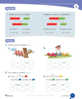 Comprender la adición y la sustracción a partir de diferentes acciones
veintisiete
1. Cuenta, junta y completa. Aplicar
2. Lee, separa y completa. Aplicar
• Juntar se asocia a la adición. • Separar se asocia a la sustracción.
a. De 8 , 5 son y
los demás . ¿Cuántos son ?
b. De 9 , 3 son y
el resto . ¿Cuántas son ?
menos son
=
menos son
=
y son
=
y son
=
Practica
a. b.
8 menos 3 son 5 8 menos 5 son 3
8 – 3 = 5 8 – 5 = 3
5 y 3 son 8 3 y 5 son 8
5 + 3 = 8 3 + 5 = 8
Aprende
27VERSIÓN NO COMERCIALIZABLE
 