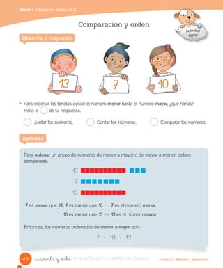 Unidad 2 / Números y operaciones
Módulo 1 / Números hasta el 20
_cuarenta y _ocho
Comparación y orden
Para ordenar un grupo de números de menor a mayor o de mayor a menor, deben
compararse.
13
7
10
7 es menor que 13, 7 es menor que 10 $ 7 es el número menor.
10 es menor que 13 $ 13 es el número mayor.
Entonces, los números ordenados de menor a mayor son:
7 - 10 - 13
• Para ordenar las tarjetas desde el número menor hasta el número mayor, ¿qué harías?
Pinta el de tu respuesta.
Juntar los números. Contar los números. Comparar los números.
Observa y responde
Aprende
13 107
48 VERSIÓN NO COMERCIALIZABLE
 