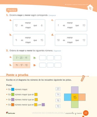 Comparar y ordenar números hasta el 20
Ponte a prueba
Escribe en el diagrama los números de los recuadros siguiendo las pistas.
_cuarenta y nueve
a.
b.
c.
d.
1. Encierra mayor o menor según corresponda. Comparar
2. Ordena de mayor a menor los siguientes números. Organizar
Practica
a.
b.
15
20
14
16
10
Pistas:
• En número mayor.
• En número mayor que en .
• En número menor que en .
• En número menor que en y en .
7 - 20 - 11
14 - 17 - 10
menor
es
mayor
que
menor
es
mayor
que
menor
es
mayor
que
menor
es
mayor
que
12 6 1 10
9 15 18 13
4949VERSIÓN NO COMERCIALIZABLE
 