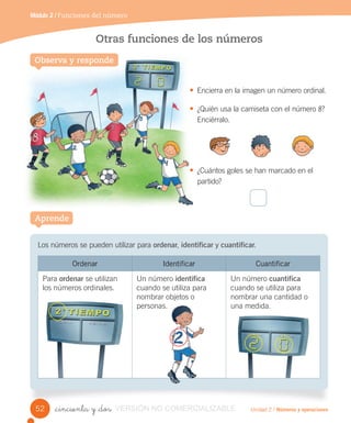 Unidad 2 / Números y operaciones_cincuenta y _dos
Módulo 2 / Funciones del número
Otras funciones de los números
Los números se pueden utilizar para ordenar, identificar y cuantificar.
Ordenar Identificar Cuantificar
Para ordenar se utilizan
los números ordinales.
Un número identifica
cuando se utiliza para
nombrar objetos o
personas.
Un número cuantifica
cuando se utiliza para
nombrar una cantidad o
una medida.
• Encierra en la imagen un número ordinal.
• ¿Quién usa la camiseta con el número 8?
Enciérralo.
• ¿Cuántos goles se han marcado en el
partido?
Observa y responde
Aprende
52 VERSIÓN NO COMERCIALIZABLE
 