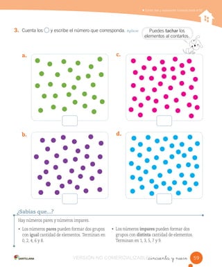 Contar, leer y representar números hasta el 50
_cincuenta y nueve
3. Cuenta los y escribe el número que corresponda. Aplicar
a.
b.
c.
d.
Hay números pares y números impares.
• Los números pares pueden formar dos grupos
con igual cantidad de elementos. Terminan en
0, 2, 4, 6 y 8.
• Los números impares pueden formar dos
grupos con distinta cantidad de elementos.
Terminan en 1, 3, 5, 7 y 9.
¿Sabías que...?
5959
Puedes tachar los
elementos al contarlos.
VERSIÓN NO COMERCIALIZABLE_cincuenta y nueveCOMERCIALIZABLE_cincuenta y nueve
 