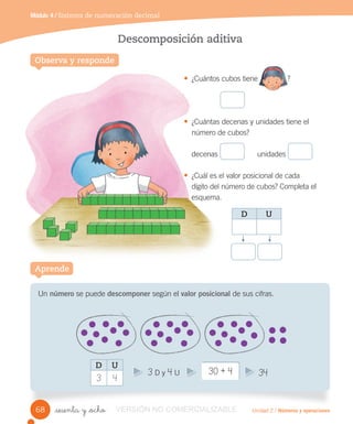 Unidad 2 / Números y operaciones_sesenta y _ocho
Módulo 4 / Sistema de numeración decimal
Descomposición aditiva
• ¿Cuántos cubos tiene ?
• ¿Cuántas decenas y unidades tiene el
número de cubos?
decenas unidades
• ¿Cuál es el valor posicional de cada
dígito del número de cubos? Completa el
esquema.
Observa y responde
Un número se puede descomponer según el valor posicional de sus cifras.
3 D y 4 U 30 + 4 34
Aprende
D U
3 4
D U
68
• ¿Cuántos cubos
• ¿Cuántas decenas
número de
decenas
• ¿Cuál es el valor
dígito del número
esquema.
Observa y respondeObserva y responde
Aprende
tiene ?
VERSIÓNVERSIÓN NO COMERCIALIZABLE
 