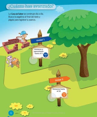 La CasadelSaber se construye día a día.
Busca la pegatina al ﬁnal del texto y
pégala para registrar tu avance.
Unidad 2
Números hasta
el 50
Página
42
Unidad 1
Números y
operaciones
hasta el 9 Página
12
_seis
¿Cuánto has avanzado?
6 VERSIÓN NO COMERCIALIZABLECOMERCIALIZABLE
 