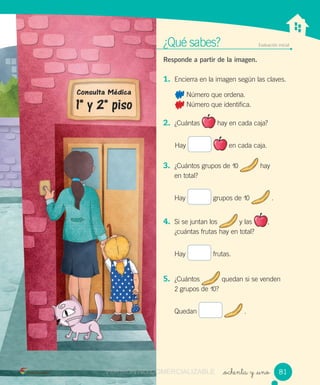 Situaciones problemaSituaciones problema
¿Qué sabes? Evaluación inicial
Responde a partir de la imagen.
1. Encierra en la imagen según las claves.
Número que ordena.
Número que identifica.
2. ¿Cuántas hay en cada caja?
Hay en cada caja.
3. ¿Cuántos grupos de 10 hay
en total?
Hay grupos de 10 .
4. Si se juntan los y las ,
¿cuántas frutas hay en total?
Hay frutas.
5. ¿Cuántos quedan si se venden
2 grupos de 10?
Quedan .
_ochenta y _uno 81VERSIÓN NO COMERCIALIZABLECOMERCIALIZABLE
 