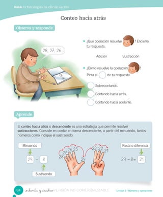 Unidad 3 / Números y operaciones
Módulo 1 / Estrategias de cálculo escrito
_ochenta y _cuatro
Conteo hacia atrás
El conteo hacia atrás o descendente es una estrategia que permite resolver
sustracciones. Consiste en contar en forma descendente, a partir del minuendo, tantos
números como indique el sustraendo.
Observa y responde
Aprende
• ¿Qué operación resuelve ? Encierra
tu respuesta.
Adición Sustracción
• ¿Cómo resuelve la operación ?
Pinta el de tu respuesta.
Sobrecontando.
Contando hacia atrás.
Contando hacia adelante.
29 29 – 88
28
27
2625
21– =
Minuendo Resta o diferencia
Sustraendo
¿Qué operación resuelve ? Encierra
¿Cómo resuelve la operación
Pinta el de tu respuesta.
272727
262625
24
23 22 21
28, 27, 26,…
84 VERSIÓN NO COMERCIALIZABLE
 