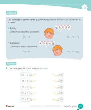 Comprender y aplicar estrategias de cálculo mental en adiciones y sustracciones
noventa y _tres
Una estrategia de cálculo mental que permite resolver una adición o una sustracción es
el conteo.
• Adición
Conteo hacia adelante o ascendente
• Sustracción
Conteo hacia atrás o descendente
Aprende
1. Une cada operación con su resultado. Relacionar
35 – 5
11 + 4
19 – 3
15 + 4 15 + 4 = 19
19 – 4 19 – 4 = 15
40 + 5
26 – 2
45
15
30
16
24
Practica
93
19, 18, 17, 16, 15
15, 16, 17, 18, 19
VERSIÓN NO COMERCIALIZABLE
 