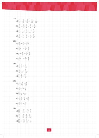 100
22)
a)
2 3 4 3 1
= =
5 10 10 10 10
.
b)
7 3 7 6 1
= =
4 2 4 4 4
.
c)
4 1 8 1 7
= =
3 6 6 6 6
.
d)
3 5 6 5 1
= =
4 8 8 8 8
.
23)
a)
3 3 4
+ = 1
10 2 5
.
b)
2 1 7
+ 1 =
3 2 6
.
c)
1 3 2 1
+ =
6 4 3 4
.
d)
2 3 4
+ 1 =
5 5 5
.
24)
a)
4 3 12
· =
5 5 25
.
b)
5 1 5
· =
4 4 16
.
c)
7 2 14
· =
3 3 9
.
25)
a)
2 3 3
· =
5 10 25
.
b)
7 3 21
· =
4 2 8
.
c)
4 1 2
· =
3 6 9
.
d)
2 9 1 3
· · =
3 5 4 10
.
e)
5 2 5
· =
4 3 6
.
26)
a)
 
 
 
2 3 2 1
· =
5 10 5 25
.
b)
2 3 2 7
· =
5 10 5 25
.
c)
 
+
 
 
1 1 3 1
· =
2 3 10 4
.
 
