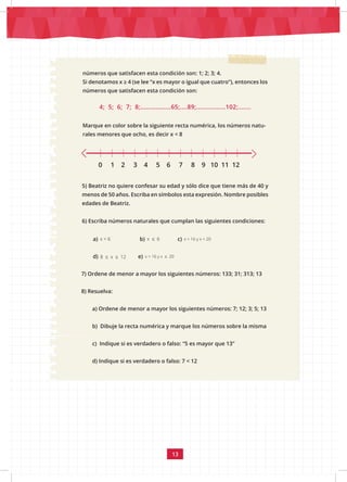 13
5) Beatriz no quiere confesar su edad y sólo dice que tiene más de 40 y
menos de 50 años. Escriba en símbolos esta expresión. Nombre posibles
edades de Beatriz.
6) Escriba números naturales que cumplan las siguientes condiciones:
a) x < 6 b) x 6
≤ c) x > 16 y x < 20
d) 8 x 12
≤ ≤ e) x > 16 y x 20
≤
0 1 2 3 4 5 6 7 8 9 10 11 12
4; 5; 6; 7; 8;………………65;....89;................102;.......
Marque en color sobre la siguiente recta numérica, los números natu-
rales menores que ocho, es decir x < 8
números que satisfacen esta condición son: 1; 2; 3; 4.
Si denotamos x ≥ 4 (se lee “x es mayor o igual que cuatro”), entonces los
números que satisfacen esta condición son:
7) Ordene de menor a mayor los siguientes números: 133; 31; 313; 13
8) Resuelva:
a) Ordene de menor a mayor los siguientes números: 7; 12; 3; 5; 13
b) Dibuje la recta numérica y marque los números sobre la misma
c) Indique si es verdadero o falso: “5 es mayor que 13”
d) Indique si es verdadero o falso: 7 < 12
 