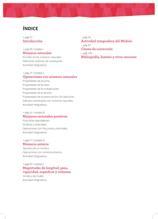 ÍNDICE
> pág 07
Introducción
> pág 09 / Unidad I
Números naturales
El orden en los números naturales.
Diferentes sistemas de numeración.
Actividad integradora.
> pág 21 / Unidad II
Operaciones con números naturales
Propiedades de la suma.
Propiedades de la resta.
Propiedades de la multiplicación.
Propiedades de la división.
Propiedades de la potenciación y la radicación.
Cálculos combinados con números naturales.
Actividad integradora.
> pág 41 / Unidad III
Números racionales positivos
Fracciones equivalentes.
Ordenar y redondear.
Operaciones con fracciones y decimales.
Actividad integradora.
> pág 57 / Unidad IV
Números enteros
Opuesto de un número.
Operaciones con números enteros.
Actividad Integradora.
> pág 69 / Unidad V
Magnitudes de longitud, peso,
capacidad, superficie y volumen
Simela y decimales.
Actividad integradora.
> pág 83
Actividad integradora del Módulo
> pág 87
Claves de corrección
> pág 109
Bibliografía, fuentes y otros recursos
 