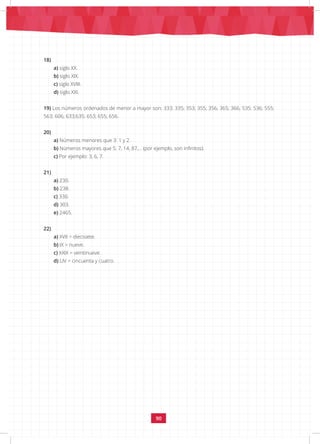 90
18)
a) siglo XX.
b) siglo XIX.
c) siglo XVIII.
d) siglo XXI.
19) Los números ordenados de menor a mayor son: 333; 335; 353; 355; 356; 365; 366; 535; 536; 555;
563; 606; 633;635; 653; 655; 656.
20)
a) Números menores que 3: 1 y 2.
b) Números mayores que 5: 7, 14, 87,… (por ejemplo, son infinitos).
c) Por ejemplo: 3, 6, 7.
21)
a) 230.
b) 238.
c) 330.
d) 303.
e) 2465.
22)
a) XVII = diecisiete.
b) IX = nueve.
c) XXIX = veintinueve.
d) LIV = cincuenta y cuatro.
 