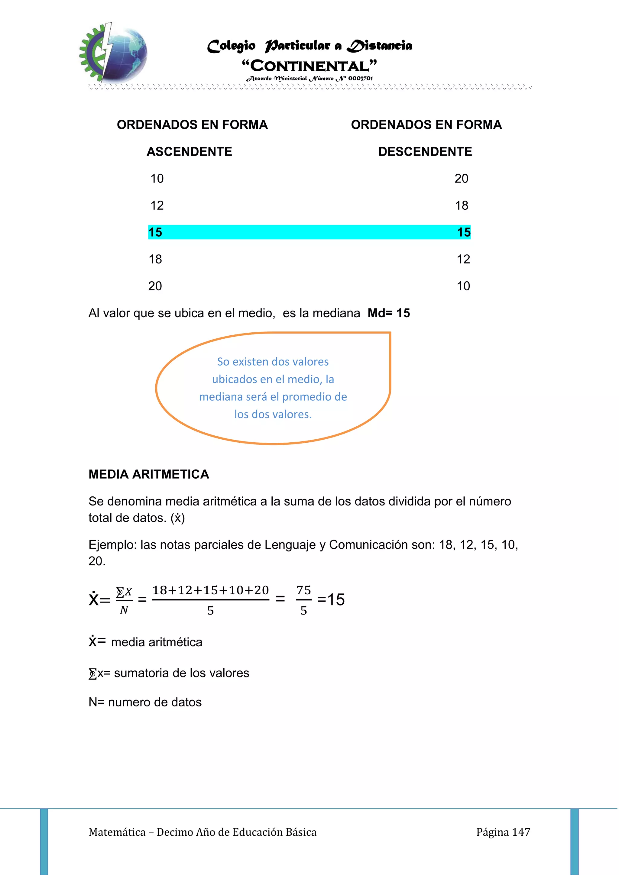 Colegio Particular a Distancia
“Continental”
Acuerdo Ministerial Número Nº 0003701
Matemática – Decimo Año de Educación Básica Página 147
ORDENADOS EN FORMA ORDENADOS EN FORMA
ASCENDENTE DESCENDENTE
10 20
12 18
15 15
18 12
20 10
Al valor que se ubica en el medio, es la mediana Md= 15
MEDIA ARITMETICA
Se denomina media aritmética a la suma de los datos dividida por el número
total de datos. (ẋ)
Ejemplo: las notas parciales de Lenguaje y Comunicación son: 18, 12, 15, 10,
20.
ẋ=
⨊𝑋
𝑁
=
18+12+15+10+20
5
=
75
5
=15
ẋ= media aritmética
⨊x= sumatoria de los valores
N= numero de datos
So existen dos valores
ubicados en el medio, la
mediana será el promedio de
los dos valores.
 