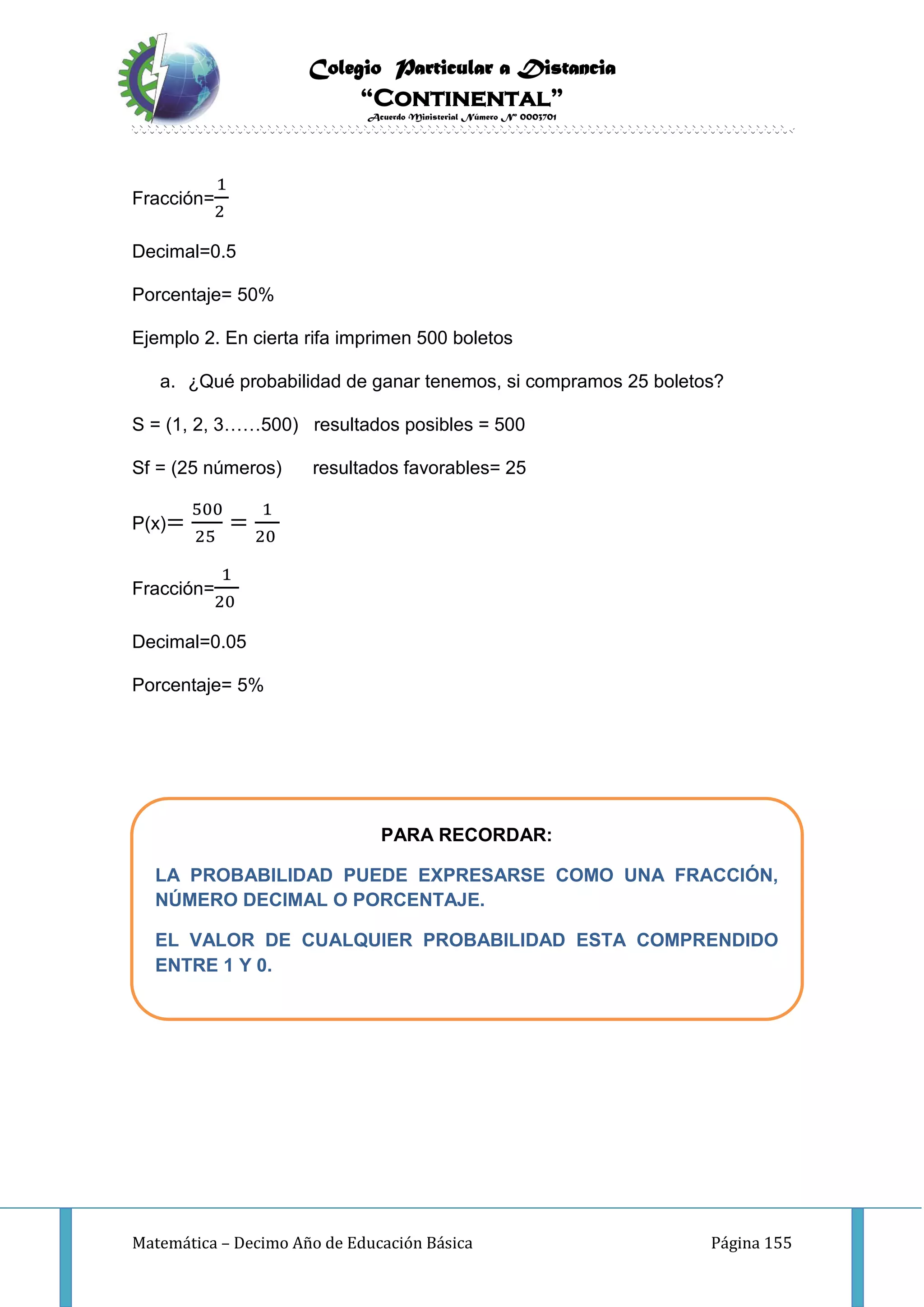 Colegio Particular a Distancia
“Continental”
Acuerdo Ministerial Número Nº 0003701
Matemática – Decimo Año de Educación Básica Página 155
Fracción=
1
2
Decimal=0.5
Porcentaje= 50%
Ejemplo 2. En cierta rifa imprimen 500 boletos
a. ¿Qué probabilidad de ganar tenemos, si compramos 25 boletos?
S = (1, 2, 3……500) resultados posibles = 500
Sf = (25 números) resultados favorables= 25
P(x)=
500
25
=
1
20
Fracción=
1
20
Decimal=0.05
Porcentaje= 5%
PARA RECORDAR:
LA PROBABILIDAD PUEDE EXPRESARSE COMO UNA FRACCIÓN,
NÚMERO DECIMAL O PORCENTAJE.
EL VALOR DE CUALQUIER PROBABILIDAD ESTA COMPRENDIDO
ENTRE 1 Y 0.
 