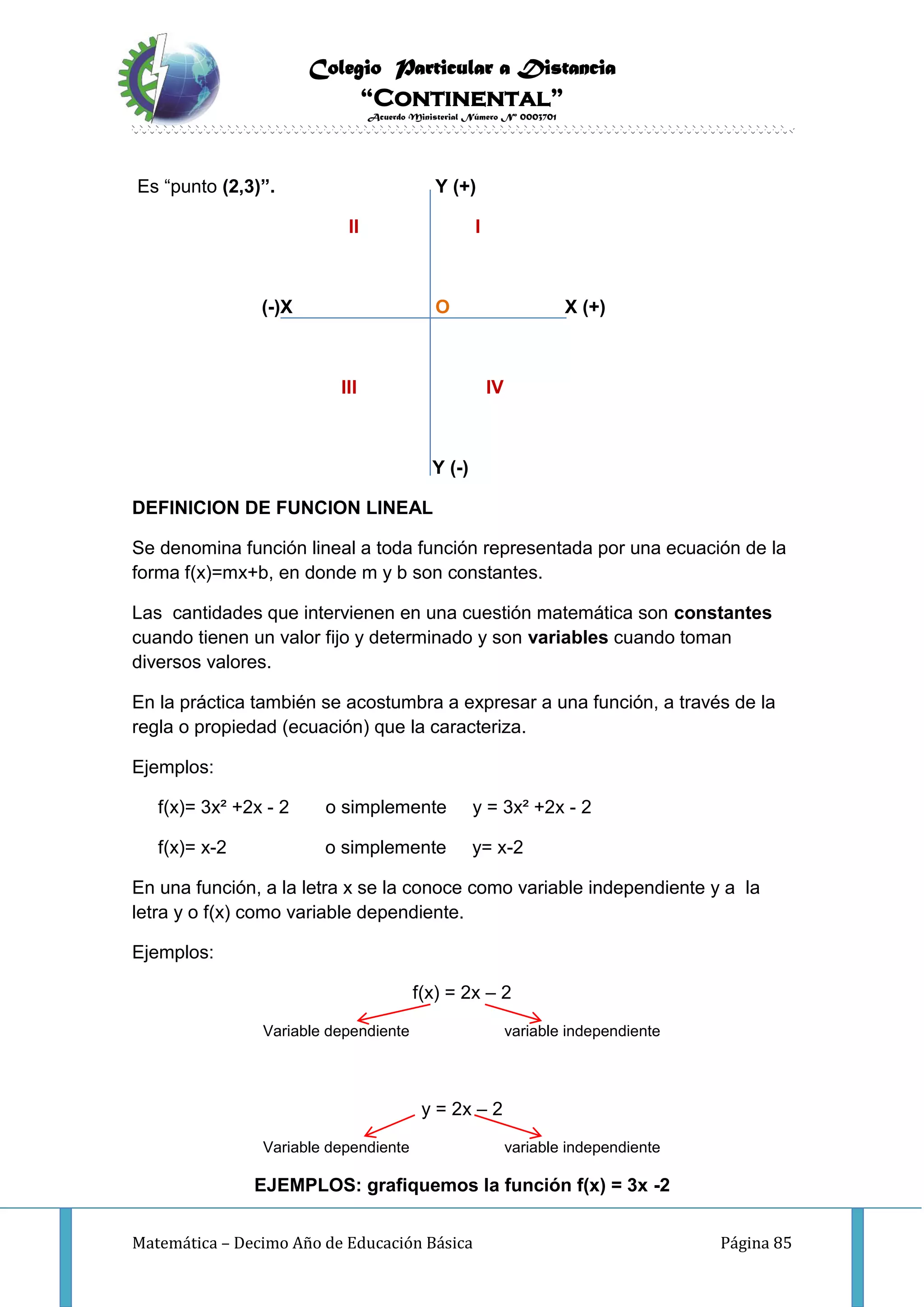 Colegio Particular a Distancia
“Continental”
Acuerdo Ministerial Número Nº 0003701
Matemática – Decimo Año de Educación Básica Página 85
Es “punto (2,3)”. Y (+)
II I
(-)X O X (+)
III IV
Y (-)
DEFINICION DE FUNCION LINEAL
Se denomina función lineal a toda función representada por una ecuación de la
forma f(x)=mx+b, en donde m y b son constantes.
Las cantidades que intervienen en una cuestión matemática son constantes
cuando tienen un valor fijo y determinado y son variables cuando toman
diversos valores.
En la práctica también se acostumbra a expresar a una función, a través de la
regla o propiedad (ecuación) que la caracteriza.
Ejemplos:
f(x)= 3x² +2x - 2 o simplemente y = 3x² +2x - 2
f(x)= x-2 o simplemente y= x-2
En una función, a la letra x se la conoce como variable independiente y a la
letra y o f(x) como variable dependiente.
Ejemplos:
f(x) = 2x – 2
Variable dependiente variable independiente
y = 2x – 2
Variable dependiente variable independiente
EJEMPLOS: grafiquemos la función f(x) = 3x -2
 