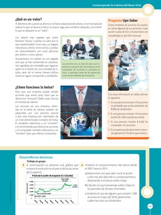 APPLICA
©
EDICIONES
SM
181
Construyendo la Cultura del Buen Vivir
Desarrolla tus destrezas

¿Qué es un valor?
A diferencia de cuando se ahorra en el banco depositando dinero, en el mercado de
valores lo que se hace es invertir (comprar algo para venderlo después) y al invertir
lo que se adquiere es un “valor”.
Pregunta tipo Saber
Cierta empresa de servicios ha puesto
en venta algunas de sus acciones. Cada
acción cuesta $ 23,5 y el pronóstico de
rentabilidad es del 25% mensual.
Con esta información es válido afirmar
lo siguiente:
A. Si una persona compra 145 acciones
es probable que reciba alrededor de
$ 900 de dividendos.
B. Si una persona compra 145 acciones
recibirá $ 4 260 cuando las venda.
C. Si una persona invierte $ 4 260 ha
comprado 145 acciones.
D. Si una persona decide invertir enton-
ces ganará el 25 % de lo que invierta.
Las acciones son un tipo de valor que re-
presenta una parte de una empresa; así, el
comprador de acciones se convierte en
socio y participa tanto de las ganancias
como de las pérdidas de la empresa.
Los valores eran papeles que solían
llamarse “títulos” y tenían un valor por lo
que representaban (una casa, un pagaré,
mercancías, dinero, entre otros) y podían
ser intercambiados con otras personas
por dinero u otros valores.
Actualmente, los valores no son papeles
sino que se han convertido en anotacio-
nes reguladas por entidades que registran
quién es el dueño de una cantidad de tí-
tulos, pero de la misma manera dichos
títulos se siguen comprando y vendiendo.

¿Cómo funciona la bolsa?
Para que una empresa pueda vender
acciones que emite (esto hace que se
denomine “emisora”) debe estar inscrita
en la bolsa de valores.
Las acciones de una empresa, ofreci-
das en la bolsa de valores, pueden ser
adquiridas por una persona natural
o por otra empresa por intermedio de
un ente denominado corredor de bolsa.
El vendedor selecciona a un “corredor”
y le encomienda que ofrezca las acciones
y el comprador también selecciona a un
“corredor” para que ofrezca comprarlas.
	4	 Analicen el comportamiento del precio desde
el 2007 hasta el 2011.
a.

Determinen con qué valor inició la acción
y año tras año describe su comportamiento,
destacando si el precio subió o bajó.
b.
Calculen en qué porcentaje subió o bajó en
los periodos de tiempo mostrados.
c.
Analicen el caso de alguien que compró 1 500
acciones en mayo del 2010; determinen
cuáles han sido sus dividendos.
	3	 A continuación se presenta una gráfica que
muestra la evolución en el precio de las acciones
de Ecuapetrol.
SM
Ediciones
SM
Ediciones
Trabajoengrupo
 