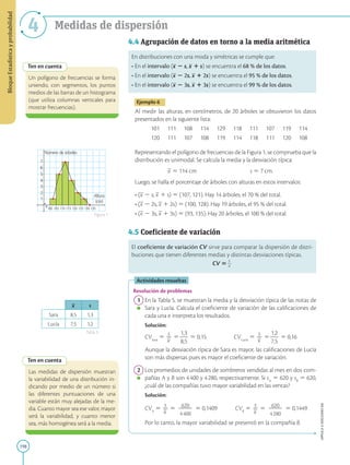 198
APPLICA
©
EDICIONES
SM
Bloque
Estadística
y
probabilidad
4 Medidas de dispersión
Ten en cuenta
Un polígono de frecuencias se forma
uniendo, con segmentos, los puntos
medios de las barras de un histograma
(que utiliza columnas verticales para
mostrar frecuencias).
1
100 105 110 115 120 125 135
130
2
3
4
5
6
7
Número de árboles
Altura
(cm)
x s
Sara 8,5 1,3
Lucía 7,5 1,2
Figura 1
Tabla 5
Ten en cuenta
Las medidas de dispersión muestran
la variabilidad de una distribución in-
dicando por medio de un número si
las diferentes puntuaciones de una
variable están muy alejadas de la me-
dia. Cuanto mayor sea ese valor, mayor
será la variabilidad, y cuanto menor
sea, más homogénea será a la media.
4.4 Agrupación de datos en torno a la media aritmética
En distribuciones con una moda y simétricas se cumple que:
• En el intervalo (x 2 s, x 1 s) se encuentra el 68 % de los datos.
• En el intervalo (x 2 2s, x 1 2s) se encuentra el 95 % de los datos.
• En el intervalo (x 2 3s, x 1 3s) se encuentra el 99 % de los datos.
Ejemplo 6
Al medir las alturas, en centímetros, de 20 árboles se obtuvieron los datos
presentados en la siguiente lista:
	 101	111	108	114	129	118	111	107	119	114
	 120	111	107	108	119	114	118	111	120	108
Representando el polígono de frecuencias de la Figura 1, se comprueba que la
distribución es unimodal. Se calcula la media y la desviación típica:
	 x 5 114 cm	 s 5 7 cm.
Luego, se halla el porcentaje de árboles con alturas en estos intervalos:
• (x 2 s, x 1 s) 5 (107, 121). Hay 14 árboles, el 70 % del total.
• (x 2 2s, x 1 2s) 5 (100, 128). Hay 19 árboles, el 95 % del total.
• (x 2 3s, x 1 3s) 5 (93, 135). Hay 20 árboles, el 100 % del total.
4.5 Coeficiente de variación
El coeficiente de variación CV sirve para comparar la dispersión de distri-
buciones que tienen diferentes medias y distintas desviaciones típicas.
CV 5
s
2
2
x
Actividades resueltas
Resolución de problemas
	1	En la Tabla 5, se muestran la media y la desviación típica de las notas de
Sara y Lucía. Calcula el coeficiente de variación de las calificaciones de
cada una e interpreta los resultados.
		
Solución:
		
CVSara
5
s
2
x
5
1,3
2
2
8,5
5 0,15		 CVLucía
5
s
2
x
5
1,2
2
2
7,5
5 0,16
		
Aunque la desviación típica de Sara es mayor, las calificaciones de Lucía
son más dispersas pues es mayor el coeficiente de variación.
	2	Los promedios de unidades de sombreros vendidas al mes en dos com-
pañías A y B son 4 400 y 4 280, respectivamente. Si sA
5 620 y sB
5 620,
¿cuál de las compañías tuvo mayor variabilidad en las ventas?
		
Solución:
		
CVA
5
s
2
x
5 620
2
2
2
2
4 400
5 0,1409	 CVB
5
s
2
x
5 620
2
2
2
2
4 280
5 0,1449
		
Por lo tanto, la mayor variabilidad se presentó en la compañía B.
 