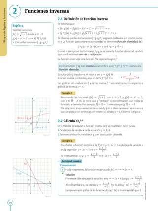 240
APPLICA
©
EDICIONES
SM
Bloque
de
Álgebra
y
funciones
2 Funciones inversas
Explora
Sean las funciones:
f(x) 5 donde x $ 22
g(x) 5 x2
2 2 con x [ R1
 {0}
•	 Calcula las funciones f  g y g  f.
X
O
Y
1
1
g(x) = x2
- 2
y = x
f(x) = x + 2
!
Figura 1
Figura 2
f-1
(x)
f(x)
X
O
Y
2
2
f
x	y
f21
2.1 Definición de función inversa
Se observa que:
•	 (f  g)(x) 5 f[g(x)] 5 f(x2
2 2) 5 2 1 5 x
•	 (g  f)(x) 5 g[f(x)] 5 g( ) 5 ( )2
2 2 5 x
Se observa que las dos funciones f  g y g  f asignan a cada valor x el mismo núme-
ro x. La función que cumple esta propiedad se denomina función identidad, i(x).
(f  g)(x) 5 (g  f)(x) 5 x ⇒ f  g 5 g  f 5 i
Como al componer las funciones f y g se obtiene la función identidad, se dice
que son funciones inversas o recíprocas.
La función inversa de una función f se representa por f21
.
Dos funciones f y g son inversas si se verifica que f  g 5 g  f 5 i, siendo i la
función identidad.
Si la función f transforma el valor x en y 5 f(x), la
función inversa transforma y en x, es decir, f21
(y) 5 x.
Las gráficas de una función f y de su inversa f21
son simétricas con respecto a
gráfica de la recta y 5 x.
Ejemplo 1
Retomando las funciones f(x) 5 , con x $ 22 y g(x) 5 x2
2 2,
con x [ R1
 {0}, se tiene que g “deshace” la transformación que realiza la
función f y viceversa. Por ejemplo, f(21) 5 1, mientras que, g(1) 5 21.
Por otra parte, al representar las funciones f y g en el plano cartesiano, se encuentra
que sus gráficas son simétricas con respecto a la recta y 5 x. Observa la Figura 1.
2.2 Cálculo de f21
Una manera de calcular la función inversa de f se muestra en estos pasos:
1.	Se despeja la variable x de la ecuación y 5 f(x).
2.	Se intercambian las variables x y y en la ecuación obtenida.
Ejemplo 2
Para hallar la función recíproca de f(x) 5 y 5 3x 2 1, se despeja la variable x
en la expresión y 5 3x 2 1 x 5
y 1 1
2
2
2
3
.
Se intercambian x y y: y 5
x 1 1
2
2
2
3
f21
(x ) 5
x 1 1
2
2
2
3
Actividad resuelta
Comunicación
	1	 Halla y representa la función recíproca de f(x) 5 y 5 22x 1 4.
		
Solución:
		
Primero se debe despejar la variable x en y 5 22x 1 4. Luego, x 5
y 2 4
2
2
2
22
.
		
Al intercambiar x y y se obtiene y 5
x 2 4
2
2
2
22
. Por lo tanto, f21
(x) 5
x 2 4
2
2
2
22
.
		
La representación gráfica de las funciones f(x) y f21
(x) se muestra en la Figura 2.
 