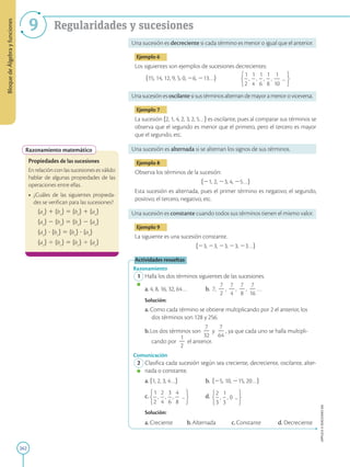 262
APPLICA
©
EDICIONES
SM
Bloque
de
Álgebra
y
funciones
9 Regularidades y sucesiones
Razonamiento matemático
Propiedades de las sucesiones
En relación con las sucesiones es válido
hablar de algunas propiedades de las
operaciones entre ellas.
•	 ¿Cuáles de las siguientes propieda-
des se verifican para las sucesiones?
	 han
j 1 hbn
j 5 hbn
j 1 han
j
	 han
j 2 hbn
j 5 hbn
j 2 han
j
	 han
j ? hbn
j 5 hbn
j ? han
j
	 han
j 4 hbn
j 5 hbn
j 4 han
j
Una sucesión es decreciente si cada término es menor o igual que el anterior.
Ejemplo 6
Los siguientes son ejemplos de sucesiones decrecientes:
	 h15, 14, 12, 9, 5, 0, 26, 213…j	
Unasucesiónesoscilantesisustérminosalternandemayoramenoroviceversa.
Ejemplo 7
La sucesión h2, 1, 4, 2, 3, 2, 5…j es oscilante, pues al comparar sus términos se
observa que el segundo es menor que el primero, pero el tercero es mayor
que el segundo, etc.
Una sucesión es alternada si se alternan los signos de sus términos.
Ejemplo 8
Observa los términos de la sucesión:
h21, 2, 23, 4, 25…j
Esta sucesión es alternada, pues el primer término es negativo; el segundo,
positivo; el tercero, negativo, etc.
Una sucesión es constante cuando todos sus términos tienen el mismo valor.
Ejemplo 9
La siguiente es una sucesión constante.
h23, 23, 23, 23, 23…j
Actividades resueltas
Razonamiento
	1	Halla los dos términos siguientes de las sucesiones.
	a.	 4, 8, 16, 32, 64…	 b.	7,
7
2
2
,
7
2
4
,
7
2
8
,
7
2
16
…
		
Solución:
	a.	Como cada término se obtiene multiplicando por 2 el anterior, los
dos términos son 128 y 256.
	b.	Los dos términos son
7
2
32
y
7
2
64
, ya que cada uno se halla multipli-
cando por
1
2
2
el anterior.
Comunicación
	2	Clasifica cada sucesión según sea creciente, decreciente, oscilante, alter-
nada o constante.
	a.	 h1, 2, 3, 4…j	 b.	h25, 10, 215, 20…j
	c.	 	 d.	
		
Solución:
	a.	Creciente	 b.	Alternada	 c.	Constante	 d.	Decreciente
 