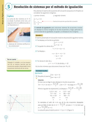 88
APPLICA
©
EDICIONES
SM
Bloque
de
Álgebra
y
funciones
5 Resolución de sistemas por el método de igualación
Explora
La suma de dos números es 51. Si
se divide el primero entre tres y el
segundo entre 6, la diferencia de es-
tas fracciones es 1.
•	 ¿Qué par de números verifican es-
tas condiciones?
Ten en cuenta
Despejar la variable y en las ecuacio-
nes de un sistema, permite que las
ecuaciones queden presentadas como
ecuaciones canónicas de las rectas.
1
1
n
m
O
Figura 1
Para plantear el sistema de ecuaciones de la situación propuesta en el Explora se
consideran las siguientes incógnitas:
x: primer número	 y: segundo número
	 Sistema de ecuaciones que describe la situación
El método de igualación para solucionar sistemas de ecuaciones consiste
en despejar la misma incógnita en las dos ecuaciones y luego, aplicando la
transitividad de las igualdades, se igualan y se despeja la otra incógnita.
Ejemplo 1
El sistema presentado en la situación inicial se soluciona de la siguiente manera:
1.° Se despeja y en las dos ecuaciones.
2.° Se igualan los valores de y.
2x 1 51 5 2x 2 6
3.° Se despeja x.
2x 2 2x 5 26 2 51
23x 5 257
x 5 19
4.° Se calcula el valor de y.
y 5 2x 1 51, de donde y 5 32
Así, los dos números que solucionan el reto son 19 y 32.
Actividad resuelta
Ejercitación
	1	Resuelve el sistema .
		
Solución:
		
En este caso se elige m para despejar en las dos ecuaciones:
		
7m 5 15 1 3n ⇒ m 5
15 1 3n
2
2
2
2
7
y 5m 5 27 2 6n, luego, m 5
27 2 6n
2
2
2
2
5
		
Ahora se igualan las expresiones y se despeja n:
15 1 3n
2
2
2
2
7
5
27 2 6n
2
2
2
2
5
	
5 (15 1 3n)	 5	 7 (27 2 6n)
	
75 1 15n	 5	189 2 42n
	
15n 1 42n	 5	189 2 75
	
57n	 5	114
	
n	 5	2
		
Se reemplaza el valor de n en una de las dos ecuaciones despejadas
para así hallar el valor de m: m 5
15 1 3n
2
2
2
2
7
, así para n 5 2 se tiene que
m 5
15 1 3(2)
2
2
2
2
7
; m 5 3.
		
La solución para el sistema será m 5 3 y n 5 2 (Figura 1).
SM
Ediciones
 