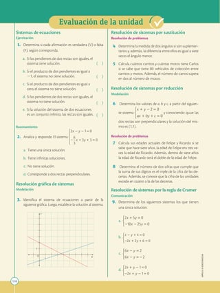 110
APPLICA
©
EDICIONES
SM
Evaluación de la unidad
Sistemas de ecuaciones
Ejercitación
1. Determina si cada afirmación es verdadera (V) o falsa
(F), según corresponda.
a. Si las pendientes de dos rectas son iguales, el
sistema tiene solución.
b. Si el producto de dos pendientes es igual a
21, el sistema no tiene solución.
c. Si el producto de dos pendientes es igual a
cero, el sistema no tiene solución.
d. Si las pendientes de dos rectas son iguales, el
sistema no tiene solución.
e. Si la solución del sistema de dos ecuaciones
es un conjunto infinito, las rectas son iguales.
( )
( )
( )
( )
( )
Razonamiento
2. Analiza y responde. El sistema
a. Tiene una única solución.
b. Tiene infinitas soluciones.
c. No tiene solución.
d. Corresponde a dos rectas perpendiculares.
Resolución gráfica de sistemas
Modelación
3. Identifica el sistema de ecuaciones a partir de la
siguiente gráfica. Luego, establece la solución al sistema.
1
1
Y
X
O
Resolución de sistemas por sustitución
Resolución de problemas
4 Determina la medida de dos ángulos si son suplemen-
tarios y, además, la diferencia entre ellos es igual a siete
veces el ángulo menor.
5 Calcula cuántos carritos y cuántas motos tiene Carlos
si se sabe que tiene 80 vehículos de colección entre
carritos y motos. Además, el número de carros supera
en dos al número de motos.
Resolución de sistemas por reducción
Modelación
6 Determina los valores de a, b y c, a partir del siguien-
te sistema y conociendo quue las
dos rectas son perpendiculares y la solución del mis-
mo es (1,1).
Resolución de problemas
7 Calcula sus edades actuales de Felipe y Ricardo si se
sabe que hace siete años, la edad de Felipe era tres ve-
ces la edad de Ricardo. Además, dentro de siete años
la edad de Ricardo será el doble de la edad de Felipe.
8 Determina el número de dos cifras que cumple que
la suma de sus dígitos es el triple de la cifra de las de-
cenas. Además, se conoce que la cifra de las unidades
excede en cuatro a la de las decenas.
Resolución de sistemas por la regla de Cramer
Comunicación
9. Determina de los siguientes sistemas los que tienen
una única solución.
a.
b.
c.
d.
 