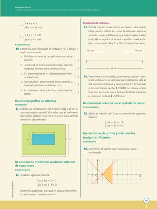 111
APPLICA
©
EDICIONES
SM
Indicadores de logro:
• Resuelve sistemas de ecuaciones e inecuaciones lineales con dos incógnitas de manera gráfica y/o algebraica.
e.
f.		
Razonamiento
10 Determina si el enunciado es verdadero (V) o falso (F)
según corresponda.
a. Si el determinante es cero, el sistema no tiene
solución.
b. Un sistema de tres ecuaciones lineales con tres
incógnitas siempre tiene solución única.
c. Si el determinante es 21 el sistema tiene infini-
tas soluciones.
d. Para calcular el determinante de un sistema la
dimensión del sistema debe ser n×n.
e. Si el sistema no tiene solución, el determinante
es cero.
( )
( )
( )
( )
( )
Resolución gráfica de sistemas
Modelación
11. Calcula las dimensiones del terreno total y el de la
zona rectangular central, si se sabe que el perímetro
del terreno externo mide 56 m, y que la zona central
tiene 24 m de perímetro
x  5
x  3
y  6
y  2
Resolución de problemas mediante sistemas
de ecuaciones
Comunicación
12 Analiza el siguiente sistema.
		
Determina cuáles son los casos en los que tiene infini-
tas soluciones o no tiene solución.
Resolución de problemas
13. Calcula el punto de encuentro y el tiempo transcurrido
hasta que dos ciclistas se cruzan. Se sabe que cada uno
parte de una ciudad diferente, que la distancia entre ellas
es de 54 km, y que los ciclistas se trasladan con velocida-
des constantes de 15 km/h y 12 km/h respectivamente.
A B
12 km/h
56 km
15 km/h
14. Determina el monto del capital invertido por un clien-
te de un banco, si se sabe que parte del capital está al
4 % de interés mensual, y la otra parte al 5 % mensual
y de esta manera recibe $110000 de intereses cada
mes. Ten en cuenta que si hubiese hecho la inversión
al contrario, recibiría $50000 más.
Resolución de sistemas por el método de Gauss
Comunicación
15. Aplica el método de Gauss para resolver el siguiente
sistema:
3x 2 2y 5 8
2x 2 3y 523
Inecuaciones de primer grado con dos
incógnitas. Sistemas
Modelación
16. Determina el sistema que relaciona la región
sombreada
1
1
Y
X
O
 