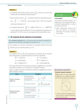 11
APPLICA
©
EDICIONES
SM
Bloque de Álgebra y funciones
Destreza con criterios de desempeño: Reconocer el conjunto de los números racionales e irracionales e identificar sus elementos.
La humildad
Una persona humilde reconoce sus
logros pero evita ser egocéntrica para
no perder la objetividad en su manera
de actuar diariamente.
• ¿Qué implicaciones podría tener
que una persona se concentre
solamente en sus logros y deje de
ser humilde?
CULTURA del Buen Vivir
Razonamiento matemático
d
1
1
El primer número irracional
Pitágoras utilizó su teorema para hallar
la diagonal de un cuadrado de lado 1,
como el que se observa en la Figura 2.
d2
5 12
1 12
• ¿Cuál es el valor de la diagonal d? ¿A
qué conjunto numérico pertenece
este valor? ¿Por qué?
Ejemplo 2
• La expresión decimal del número racional
7
2
20
es 0,35. Por lo tanto, este
número tiene una expresión decimal exacta.
• Para el número racional
5
2
2
211
la expresión decimal es periódica pura por-
que
5
2
2
211
5 2 0,454545… que se puede escribir 20,45 . Esta notación
indica que el periodo es 45.
• La expresión decimal de
23
2
2
35
es 20,085714 285714 2…5 2 0,0857142.
La parte decimal está formada por el cero (anteperiodo) seguida por el
periodo 857142. Por lo tanto, es una expresión decimal periódica mixta.
1.3 El conjunto de los números irracionales
Todo número irracional tiene una expresión decimal infinita no periódica. El
conjunto de los números irracionales se simboliza con I.
En otras palabras, los números irracionales no se pueden escribir de la forma
p
2
q
, donde p y q son números enteros y q Þ 0.
Ejemplo 3
Los números , p, e, , , w pertenecen al conjunto de los números
irracionales porque su expresión decimal es infinita no periódica:
5 1,31950791… p 5 3,141592653…
e 5 2,7182818284… 5 1,189207115…
5 2,2360679774… w 5 1,618 033988749…
Para mayor exactitud en los procesos aritméticos y algebraicos, los números
irracionales se indican y no se escriben en su expresión decimal.
Según su origen, los números irracionales se clasifican en algebraicos o trascen-
dentes. Observa la Tabla 1.
Clase Ejemplos
Número irracional
algebraico
El número áureo
representado por la
letra griega phi.
w 5
Las raíces no exactas.
, , , ,
Número irracional
trascendente
El número pi es la rela-
ción entre la longitud
de una circunferencia y
su diámetro.
p
La constante de Euler o
constante de Napier.
e
Figura 2
Tabla 1
 