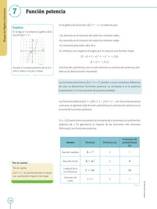 134
APPLICA
©
EDICIONES
SM
Bloque
de
Álgebra
y
funciones
Función potencia
Explora
En la figura 1 se observa la gráfica de la
función f(x) 5 x3
Estudia el comportamiento de la fun-
ción e indica si es par o impar.
1
X
Y
O
1
Figura 1
En la gráfica de la función f(x) 5 2 x 3
, se observa que:
• Su dominio es el conjunto de todos los números reales..
•Su recorrido es el conjunto de todos los números reales.
• Es creciente para todo valor de x.
•Es simétrica con respecto al origen, por lo tanto es una función impar.
f(2 x) 5 (2 x) 3
5 2x 3
5 2 f (x)
f(2 x) 5 2 f ( x)
Una función polinómica con un solo término, es una función potencia, tam-
bién se las llama función monomial.
Las funciones de la forma f(x) 5 k • x a, donde k y a son constantes diferentes
de cero, se denominan funciones potencia. La constante a es la potencia
(exponente) y k es la constante de proporcionalidad.
Las funciones básicas f(x) 5 x; f(x) 5 x 2
; f (x) 5 x 3
, son funciones potencia
comunes, en general, toda función polinómica es una función potencia o es
la suma de funciones potencia.
Si y = f (x) varía como una potencia constante de x, entonces y es una función
potencia de x. En geometría, la mayoría de las funciones más comunes
(fórmulas), son funciones potencia.
Nombre Fórmula Potencia (a)
Constante de
probabilidad
(k)
Área del cuadrado A 5 l2
2 1
Área del círculo A 5 pr2
2 p
Longitud de la
circunferencia
C 5 2pr 1 2p
Volumen del
cubo
V 5 l3
3 1
Tabla 1
Ten en cuenta
Ten en cuenta
f (x) 5 x n
, es una función par si n es par
y es una función impar si n es impar.
7
 