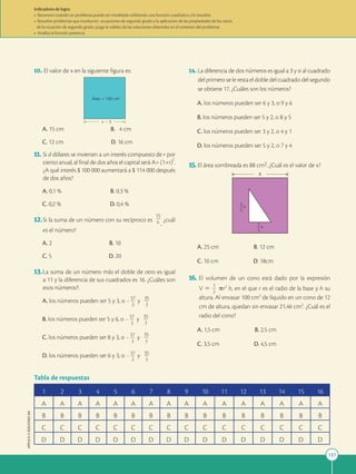137
APPLICA
©
EDICIONES
SM
Indicadores de logro:
• Reconoce cuándo un problema puede ser modelado utilizando una función cuadrática y lo resuelve.
• Resuelve problemas que involucren ecuaciones de segundo grado y la aplicación de las propiedades de las raíces
de la ecuación de segundo grado, juzga la validez de las soluciones obtenidas en el contexto del problema.
• Analiza la función potencia.
10. El valor de x en la siguiente figura es:
Área 5 100 cm2
x 2 5
A. 15 cm B. 4 cm
C. 12 cm D. 16 cm
11. Si d dólares se invierten a un interés compuesto de r por
ciento anual, al final de dos años el capital será A= (1+r)
2
.
¿A qué interés $ 100 000 aumentará a $ 114 000 después
de dos años?
A. 0,1 % B. 0,3 %
C. 0,2 % D. 0,4 %
12.Si la suma de un número con su recíproco es
15
2
2
6 ,
¿cuál
es el número?
A. 2 B. 10
C. 5 D. 20
13.La suma de un número más el doble de otro es igual
a 11 y la diferencia de sus cuadrados es 16. ¿Cuáles son
esos números?:
A. los números pueden ser 5 y 3, o 37
2 2
2
3
y 35
2
2
3
B. los números pueden ser 5 y 6, o 37
2 2
2
3
y 35
2
2
3
C. los números pueden ser 8 y 3, o 37
2 2
2
3
y 35
2
2
3
D. los números pueden ser 6 y 3, o 37
2 2
2
3
y 35
2
2
3
1 2 3 4 5 6 7 8 9 10 11 12 13 14 15 16
A A A A A A A A A A A A A A A A
B B B B B B B B B B B B B B B B
C C C C C C C C C C C C C C C C
D D D D D D D D D D D D D D D D
Tabla de respuestas
14. La diferencia de dos números es igual a 3 y si al cuadrado
del primero se le resta el doble del cuadrado del segundo
se obtiene 17. ¿Cuáles son los números?
A. los números pueden ser 6 y 3, o 9 y 6
B. los números pueden ser 5 y 2, o 8 y 5
C. los números pueden ser 3 y 2, o 4 y 1
D. los números pueden ser 5 y 2, o 7 y 4
15. El área sombreada es 88 cm2. ¿Cuál es el valor de x?
x
3
5
x
2
5
x
A. 25 cm B. 12 cm
C. 10 cm D. 18cm
16. El volumen de un cono está dado por la expresión
V 5
1
2
2
3
pr2
h, en el que r es el radio de la base y h su
altura. Al envasar 100 cm3
de líquido en un cono de 12
cm de altura, quedan sin envasar 21,46 cm3
. ¿Cuál es el
radio del cono?
A. 1,5 cm B. 2,5 cm
C. 3,5 cm D. 4,5 cm
 