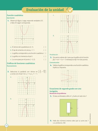 142
APPLICA
©
EDICIONES
SM
Evaluación de la unidad
1
1
Y
X
O
Función cuadrática
Ejercitación
1. Observa la figura. Luego, responde verdadero (V)
o falso (F) según corresponda.
a. El vértice de la parábola es (2, 1). ( )
b. El eje de simetría es la recta y 5 1. ( )
c. La gráfica corresponde a una función cuadrática. ( )
d. La gráfica no intersecta el eje X. ( )
e. La curva pasa por el punto (23, 2). ( )
Gráficas de funciones cuadráticas
Razonamiento
2. Selecciona la parábola con vértice en ( 3
2
2 ,2
25
2
4 )
y cortes con el eje X en x1
5 4 y x2
5 21.
a.
2
2
Y
X
O
b.
2
2
O
f
Y
X
c. Y
X
O 2
2
d.
2
2
Y
X
O
Modelación
3. Encuentra valores de k para que la gráfica de la función
f(x) 5 kx2
1 3x 1 2 interseque al eje X en dos puntos.
Comunicación
4. Validasilagráficacorrespondeaunafuncióncuadrática.
Explica tu respuesta.
Y
X
2
2
O
Ecuaciones de segundo grado con una
incógnita
Resolución de problemas
5. El área sombreada es 88 cm2
. ¿Cuál es el valor de x?
x
5
x
x
3
5
6. Halla dos números enteros tales que su suma sea 7
y su producto, 450.
 