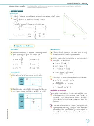 153
APPLICA
©
EDICIONES
SM
Bloque de Geometría y medida
Destreza con criterios de desempeño: Definir e identificar las relaciones entre las razones trigonométricas (seno, coseno, tangente) para resolver
numéricamente triángulos rectángulos.
Actividad resuelta
Ejercitación
1 Calcula el valor del seno y la tangente de un ángulo agudo a, si el coseno
vale . Apóyate en la información de la Figura 2.
		
Solución:
		
Si se aplica la ecuación fundamental, resulta que:
		
sen2
a 1 5 1 ⇒ sen2
a 5
7
2
9
⇒ sena 5
		
Por su parte, tana 5
sena
2
2
2
cosa
5 5 5
u
Figura 2
Desarrolla tus destrezas
Ejercitación
2 Calcula, en cada caso, las restantes razones trigonomé-
tricas de un ángulo agudo si se conoce que:
a. sena 5 b. cosa 5
1
2
3
c. tana 5 d. cosa 5
4
2
5
e. tana 5 5 f. cosa 5 0,8
Comunicación
3 Completa la Tabla 1 con valores aproximados.
sena 0,92
cosa 0,12
tana 0,75
4 Calcula el valor exacto (utilizando radicales) de las razo-
nes trigonométricas que faltan en la Tabla 2 (a , 90°).
sena
1
2
3
cosa
tana 2
Razonamiento
5 Dibujaunángulomenorque180°cuyocosenosea2
1
2
2
y halla las restantes razones trigonométricas.
6 Aplica la identidad fundamental de la trigonometría
y simplifica las expresiones.
a. (sena + 1)(sena 2 1)
b. cos2
a (tan2
a 1 1)
c. (1 2 cosa)(1 1 cosa)
d. tana ?
1
2
2
2
cosa
7 Demuestra las siguientes igualdades trigonométricas.
a.		tan2
a ? (1 2 sen2
a) 5 sen2
a
b.
sena ? cosa
2
2
2
2
2
2
tana
5 1 2 sen2
a
c.		 (1 1 tan2
a) ? cos2
a 5 1
Resolución de problemas
8 Una identidad trigonométrica es una igualdad entre
expresiones trigonométricas (sena, cosa y tana) y es
válida para todos los valores del ángulo. Demuestra
que la expresión 2sena cosa 2 sena = 0 no es una
identidad.
9 Una señal de peligro en una carretera nos advierte que
la pendiente es del 12%. ¿Qué ángulo forma ese tramo
de carretera con la horizontal? ¿Cuántos metros se
habrán descendido después de recorrer 7 km por esa
carretera?
Tabla 1
Tabla 2
 