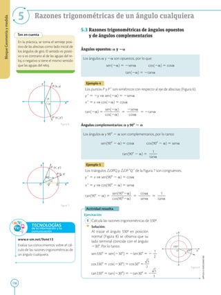 156
APPLICA
©
EDICIONES
SM
Bloque
Geometría
y
medida
5 Razones trigonométricas de un ángulo cualquiera
X
O
Y
90 –
P (x, y)
P’ (x’, y’)
Q
Q’
Ten en cuenta
X
O
Y
–
P (x, y)
P’ (x’, y’)
En la práctica, se toma el semieje posi-
tivo de las abscisas como lado inicial de
los ángulos de giro. El sentido es positi-
vo si es contrario al de las agujas del re-
loj, o negativo si tiene el mismo sentido
que las agujas del reloj.
Figura 6
Figura 7
www.e-sm.net/9smt13
Evalúa tus conocimientos sobre el cál-
culo de las razones trigonométricas de
un ángulo cualquiera.
X
O
330º
30º
Y
5.3 
Razones trigonométricas de ángulos opuestos
y de ángulos complementarios
Ángulos opuestos: a y 2a
Los ángulos a y 2a son opuestos, por lo que:
sen(2a) 5 2sena   cos(2a) 5 cosa
tan(2a) 5 2tana
Ejemplo 4
Los puntos P y P9 son simétricos con respecto al eje de abscisas (Figura 6).
y9 5 2y ⇒ sen(2a) 5 2sena
x9 5 x ⇒ cos(2a) 5 cosa
tan(2a) 5
sen(2a)
2
2
2
2
cos(2a)
5
2sena
2
2
2
cosa
5 2tana
Ángulos complementarios: a y 908 2 a
Los ángulos a y 908 2 a son complementarios, por lo tanto:
sen(908 2 a) 5 cosa   cos(908 2 a) 5 sena
tan(908 2 a) 5
1
2
2
tana
Ejemplo 5
Los triángulos OPQ y OP9Q9 de la Figura 7 son congruentes.
y9 5 x ⇒ sen(908 2 a) 5 cosa
x9 5 y ⇒ cos(908 2 a) 5 sena
tan(908 2 a) 5
sen(9082a)
2
2
2
2
2
cos(9082a)
5
cosa
2
2
2
sena
5
1
2
2
tana
Actividad resuelta
Ejercitación
1 Calcula las razones trigonométricas de 330º.
		
Solución:
		
Al trazar el ángulo 330º en posición
normal (Figura 8) se observa que su
lado terminal coincide con el ángulo
2308. Por lo tanto:
	
sen3308 5 sen(2308) 5 2sen308 5 2
1
2
2
	
cos3308 5 cos(2308) 5 cos308 5
tan3308 5 tan(2308) 5 2tan308 5 2
Figura 8
TECNOLOGÍAS
de la información y la
comunicación
 