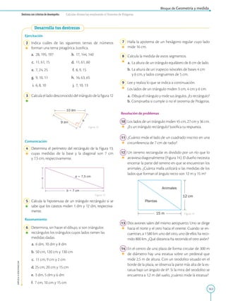 163
APPLICA
©
EDICIONES
SM
Bloque de Geometría y medida
Destreza con criterios de desempeño: Calcular distancias empleando el Teorema de Pitágoras.
Desarrolla tus destrezas
a  7,5 cm
b  7 cm
c
9 dm
10 dm
b
Ejercitación
2 Indica cuáles de las siguientes ternas de números
forman una terna pitagórica. Justifica.
a. 28, 195, 197 b. 17, 144, 140
c. 11, 61, 15 d. 11, 61, 60
e. 7, 24, 25 f. 8, 9, 15
g. 9, 10, 11 h. 16, 63, 65
i. 6, 8, 10 j. 7, 10, 13
3 Calcula el lado desconocido del triángulo de la figura 12
		
Comunicación
4 Determina el perímetro del rectángulo de la Figura 13,
cuyas medidas de la base y la diagonal son 7 cm
y 7,5 cm, respectivamente.
5 Calcula la hipotenusa de un triángulo rectángulo si se
sabe que los catetos miden 1 dm y 12 dm, respectiva-
mente.
Razonamiento
6 Determina, sin hacer el dibujo, si son triángulos
rectángulos los triángulos cuyos lados tienen las
medidas dadas.
a. 6 dm, 10 dm y 8 dm
b. 50 cm, 120 cm y 130 cm
c. 11 cm, 9 cm y 2 cm
d. 25 cm, 20 cm y 15 cm
e. 3 dm, 5 dm y 6 dm
f. 7 cm, 10 cm y 15 cm
Figura 12
Figura 13
Figura 14
15 m
Plantas
Animales
12 cm
7 Halla la apotema de un hexágono regular cuyo lado
mide 16 cm.
8 Calcula la medida de estos segmentos.
a. La altura de un triángulo equilátero de 8 cm de lado.
b. La altura de un trapecio isósceles de bases 4 cm
y 6 cm, y lados congruentes de 5 cm.
9 Lee y realiza lo que se indica a continuación.
	 Los lados de un triángulo miden 3 cm, 4 cm y 6 cm.
a. 
Dibuja el triángulo y mide sus ángulos. ¿Es rectángulo?
		b. Comprueba si cumple o no el teorema de Pitágoras.
Resolución de problemas
10 Los lados de un triángulo miden 45 cm, 27 cm y 36 cm.
¿Es un triángulo rectángulo? Justifica tu respuesta.
11 ¿Cuánto mide el lado de un cuadrado inscrito en una
circunferencia de 7 cm de radio?
12 
Un terreno rectangular es dividido por un río que lo
atraviesa diagonalmente (Figura 14). El dueño necesita
encerrar la parte del terreno en que se encuentran los
animales. ¿Cuánta malla utilizará si las medidas de los
lados que forman el ángulo recto son 12 m y 15 m?
13 Dos aviones salen del mismo aeropuerto. Uno se dirige
hacia el norte y el otro hacia el oriente. Cuando se en-
cuentran, a 1580 km uno del otro, uno de ellos ha reco-
rrido 800 km. ¿Qué distancia ha recorrido el otro avión?
14 En el centro de una plaza de forma circular de 300 m
de diámetro hay una estatua sobre un pedestal que
mide 2,5 m de altura. Con un teodolito situado en el
borde de la plaza, se observa la parte más alta de la es-
tatua bajo un ángulo de 6º. Si la mira del teodolito se
encuentra a 1,2 m del suelo, ¿cuánto mide la estatua?
 