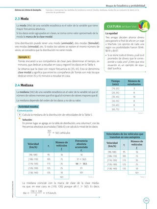 191
APPLICA
©
EDICIONES
SM
Bloque de Estadística y probabilidad
Destreza con criterios de desempeño: Calcular e interpretar las medidas de tendencia central (media, mediana, moda) de un conjunto de datos en la
solución de problemas.
La equidad
Tres amigas deciden ahorrar dinero
para gastarlo a final de año en un viaje
a Machala. Los aportes de cada una
según sus posibilidades fueron: $540,
$670 y $437.
• Si se reúne todo el dinero, ¿cuál es el
promedio de dinero que le corres-
ponde a cada una? ¿Crees que esta
situación es un ejemplo de equi-
dad? Justifica.
CULTURA del Buen Vivir
Tiempo
(min)
Número de
estudiantes
[15, 25) 3
[25, 35) 8
[35, 45) 10
[45, 55) 8
[55, 65) 8
[65, 75) 3
Velocidades de los vehículos que
transitan en una autopista
Velocidad
(km/h)
xi
Número de
vehículos
fi
[90, 100) 95 16
[100, 110) 105 15
[110, 120) 115 35
[120, 130) 125 25
[130, 140) 135 10
101
Tabla 4
Tabla 5
Tabla 6
2.3 Moda
La moda (Mo) de una variable estadística es el valor de la variable que tiene
mayor frecuencia absoluta.
Si los datos están agrupados en clases, se toma como valor aproximado de la
moda la marca de la clase modal.
Una distribución puede tener una moda (unimodal), dos modas (bimodal),
tres modas (trimodal), etc. Si todos los valores se repiten el mismo número de
veces, se considera que la distribución no tiene moda.
Ejemplo 3
Tomás encuestó a sus compañeros de clase para determinar el tiempo, en
minutos, que dedican a estudiar en casa y registró los datos en la Tabla 4.
Se observa que la clase con mayor frecuencia es [35, 45). Esta se denomina
clase modal y significa que entre los compañeros de Tomás son más los que
dedican entre 35 y 45 minutos a estudiar en casa.
2.4 Mediana
La mediana (Me) de una variable estadística es el valor de la variable tal que el
número de valores menores que él es igual al número de valores mayores que él.
La mediana depende del orden de los datos y no de su valor.
Actividad resuelta
Comunicación
1 Calcula la mediana de la distribución de velocidades de la Tabla 5.
		Solución:
		
En primer lugar, se agrega, en la tabla de distribución, una columna Fi
con las
frecuencias absolutas acumuladas (Tabla 6) y se calcula la mitad de los datos:
101
2
2
2
5 50,5 vehículos
Velocidad
(km/h)
xi
Número de
vehículos
fi
Frecuencia
absoluta
acumulada
Fi
[90, 100) 95 16 16
[100, 110) 105 15 31 , 50,5
[110, 120) 115 35 66 . 50,5
[120, 130) 125 25 91
[130, 140) 135 10 101
101
		
La mediana coincide con la marca de clase de la clase media-
na que, en este caso, es [110, 120), porque allí Fi
. 50,5. Es decir,
Me 5
110 1 120
2
2
2
2
2
2
2
5 115 km/h.
 