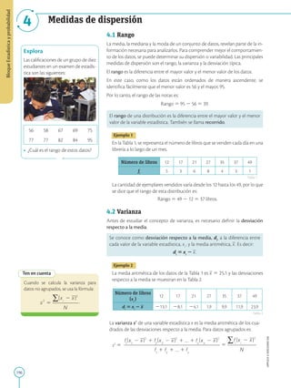 196
APPLICA
©
EDICIONES
SM
Bloque
Estadística
y
probabilidad
4 Medidas de dispersión
4
www.educacion.gob.ec
5
educamos para tener Patria
Rendición de Cuentas 2012
Fotografía: Presidencia de la República del Ecuador
Explora
Las calificaciones de un grupo de diez
estudiantes en un examen de estadís-
tica son las siguientes:
56 58 67 69 75
77 77 82 84 95
• ¿Cuál es el rango de estos datos?
Ten en cuenta
Cuando se calcula la varianza para
datos no agrupados, se usa la fórmula:
.
4.1 Rango
La media, la mediana y la moda de un conjunto de datos, revelan parte de la in-
formación necesaria para analizarlos. Para comprender mejor el comportamien-
to de los datos, se puede determinar su dispersión o variabilidad. Las principales
medidas de dispersión son el rango, la varianza y la desviación típica.
El rango es la diferencia entre el mayor valor y el menor valor de los datos.
En este caso, como los datos están ordenados de manera ascendente, se
identifica fácilmente que el menor valor es 56 y el mayor, 95.
Por lo tanto, el rango de las notas es:
Rango 5 95 2 56 5 39.
El rango de una distribución es la diferencia entre el mayor valor y el menor
valor de la variable estadística. También se llama recorrido.
Ejemplo 1
En la Tabla 1, se representa el número de libros que se venden cada día en una
librería a lo largo de un mes.
Número de libros 12 17 21 27 35 37 49
fi
5 3 6 8 4 3 1
La cantidad de ejemplares vendidos varía desde los 12 hasta los 49, por lo que
se dice que el rango de esta distribución es:
Rango 5 49 2 12 5 37 libros.
4.2 Varianza
Antes de estudiar el concepto de varianza, es necesario definir la desviación
respecto a la media.
Se conoce como desviación respecto a la media, di
, a la diferencia entre
cada valor de la variable estadística, xi
, y la media aritmética, x. Es decir:
di
5 xi
2 x.
Ejemplo 2
La media aritmética de los datos de la Tabla 1 es x 5 25,1 y las desviaciones
respecto a la media se muestran en la Tabla 2.
Número de libros
(xi
)
12 17 21 27 35 37 49
di
5 xi
2 x 213,1 28,1 24,1 1,9 9,9 11,9 23,9
La varianza s2
de una variable estadística x es la media aritmética de los cua-
drados de las desviaciones respecto a la media. Para datos agrupados es:
s2
5
Tabla 2
Tabla 1
educacion.gob.ec
 