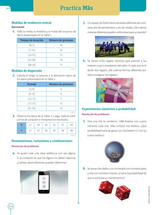 Practica Más
214
APPLICA
©
EDICIONES
SM
Medidas de tendencia central
Ejercitación
1. Halla la media, la mediana y la moda del conjunto de
datos presentados en la Tabla 1.
Tiempo de duración Número de personas
[0, 7] 35
[7, 14] 23
[14, 21] 15
[21, 28] 10
[28, 35] 9
Medidas de dispersión
2. Calcula el rango, la varianza y la desviación típica de
los datos presentados en la Tabla 2.
Puntaje Número de personas
[5, 9] 6
[9, 13] 9
[13, 17] 7
[17, 21] 15
[21, 25] 12
3. Observa los datos de la Tabla 3. Luego, halla el coefi-
ciente de variación e interpreta los resultados.
X 41 29 35 24 25 19
Y 41 45 56 49 38 48
Permutaciones, variaciones y combinaciones
Resolución de problemas
4. Se quiere crear una clave telefónica con seis dígitos.
Si la condición es que los dígitos no deben repetirse,
¿cuántas claves diferentes pueden obtenerse?
Tabla 1
Tabla 2
Tabla 3
5. Un equipo de fútbol tiene tres estilos diferentes de cami-
setas, dos de pantalonetas y tres de medias. ¿De cuántas
manerasdiferentespuedenuniformarseparaunpartido?
6. Se tienen ocho regalos distintos para premiar a los
mejores cuatro estudiantes del salón. A cada uno se le
darán dos regalos. ¿De cuántas formas diferentes po-
drán entregarse los regalos?
Experimentos aleatorios y probabilidad
Resolución de problemas
7. Para una rifa, se vendieron 1000 boletos con cuatro
números cada una. Alba compró tres boletos. ¿Qué
probabilidad tiene de ganar con una boleto? ¿Y con las
cuatro boletos?
8. Se lanzan dos dados, uno numerado con números pares
y otro con números impares. ¿Cuál es la probabilidad de
que la suma sea un número primo?
https://pixabay.com
https://pixabay.com
https://pixabay.com
 