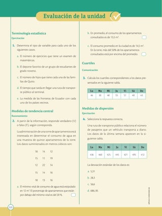 222
APPLICA
©
EDICIONES
SM
Evaluación de la unidad
Terminología estadística
Ejercitación
1. Determina el tipo de variable para cada uno de los
siguientes casos.
a. El número de ejercicios que tiene un examen de
matemáticas.
b. El deporte favorito de un grupo de estudiantes de
grado noveno.
c. El número de hijos que tiene cada una de las fami-
lias de Quito.
d. El tiempo que tarda en llegar una ruta de transpor-
te público al terminal.
e. La medida de las fronteras de Ecuador con cada
uno de los países vecinos.
Medidas de tendencia central
Razonamiento
2. A partir de la información, responde verdadero (V)
o falso (F), según corresponda.
		
Laadministracióndeunatorredeapartamentosestá
interesada en determinar el consumo de agua en
una muestra de quince apartamentos de la torre.
Los datos suministrados en metros cúbicos son:
		18 14 12
		15 11 19
		12 22 14
		 15 14 16
		 18 13 16
a. El mínimo vital de consumo de agua está estipulado
en 12 m3
. El porcentaje de apartamentos que están
por debajo del mínimo vital es del 20 %.
b. En promedio, el consumo de los apartamentos
consultados es de 15,5 m3
.
c. El consumo promedio en la ciudad es de 14,5 m3
.
En la torre, más del 50% de los apartamentos
consultados está por encima del promedio.
Cuartiles
Comunicación
3. Calcula los cuartiles correspondientes a los datos pre-
sentados en la siguiente tabla.
Lu Ma Mi Ju Vi Sá Do
46 30 48 55 57 40 43
Medidas de dispersión
Ejercitación
4. Selecciona la respuesta correcta.
		
Una ruta de transporte público relaciona el número
de pasajeros que un vehículo transporta a diario.
Los datos de la última semana aparecen en la si-
guiente tabla.
Lu Ma Mi Ju Vi Sá Do
436 460 425 445 421 495 412
		
La desviación estándar de los datos es:
a. 5,31
b. 28,3
c. 56,6
d. 686, 85
 