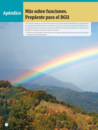 234
APPLICA
©
EDICIONES
SM
Las Ciencias Sociales es una de las áreas en las que las funciones matemáticas se constituyen en
una importante herramienta para encontrar la solución a numerosas cuestiones. Pueden ser úti-
les para determinar las tasas de crecimiento y decrecimiento de una población, las fluctuaciones
bursátiles y el tiempo de reacción ante un estímulo.
• Enumera otras áreas del conocimiento en las cuales el estudio de las funciones se constituye en
una herramienta fundamental.
Más sobre funciones.
Prepárate para el BGU
Apéndice
 