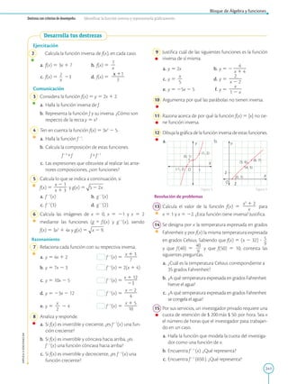 241
APPLICA
©
EDICIONES
SM
Bloque de Álgebra y funciones
Destreza con criterios de desempeño: Identificar la función inversa y representarla gráficamente.
Desarrolla tus destrezas
Ejercitación
2 Calcula la función inversa de f(x), en cada caso.
a. f(x) 5 3x 1 7 b. f(x) 5
1
2
x
c. f(x) 5 2
2
2
x
23 d. f(x) 5
x 11
2
2
2
3
Comunicación
3 Considera la función f(x) 5 y 5 2x 1 2.
a. Halla la función inversa de f.
b. Representa la función f y su inversa. ¿Cómo son
respecto de la recta y 5 x?
4 Ten en cuenta la función f(x) 5 3x2
2 5.
a. Halla la función f21
.
b. Calcula la composición de estas funciones.
			 f21
 f f  f21
c. Las expresiones que obtuviste al realizar las ante-
riores composiciones, ¿son funciones?
5 Calcula lo que se indica a continuación, si
f(x) 5
x 2 1
2
2
2
x 1 3
y g(x) 5 .
a. f21
(x) b. g21
(x)
c. f21
(3) d. g21
(2)
6 
Calcula las imágenes de x 5 0, x 5 21 y x 5 2
mediante las funciones (g  f)(x) y g21
(x), siendo
f(x) 5 3x2
1 4x y g(x) 5 .
Razonamiento
7 Relaciona cada función con su respectiva inversa.
a. y 5 4x 1 2		 f21
(x) 5
x 1 3
2
2
2
7
b. y 5 7x 2 3		 f21
(x) 5 2(x 1 4)
c. y 5 10x 2 5		 f21
(x) 5
x 1 12
2
2
2
23
d. y 5 23x 2 12		 f21
(x) 5
x 2 2
2
2
2
4
e. y 5
x
2
2
2 4		 f21
(x) 5
x 1 5
2
2
2
10
8 Analiza y responde.
a. Si f(x) es invertible y creciente, ¿es f21
(x) una fun-
ción creciente?
b. Si f(x) es invertible y cóncava hacia arriba, ¿es
f21
(x) una función cóncava hacia arriba?
c. Si f(x) es invertible y decreciente, ¿es f21
(x) una
función creciente?
X
Y
O
(0, 1)
(1, 2)
(-1, 2) 1
1
X
Y
O
(5, 6)
(4, 5)
(6, 7)
(0, 1)
2
2
9 Justifica cuál de las siguientes funciones es la función
inversa de sí misma.
a. y 5 2x b. y 5 2
4
2
2
2
x 1 4
c. y 5
x
2
5
d. y 5
2
2
2
2
x 2 2
e. y 5 25x 2 5 f. y 5
x
2
2
2
1 2 x
10 Argumenta por qué las parábolas no tienen inversa.
11 Razona acerca de por qué la función f(x) 5 |x| no tie-
ne función inversa.
12 Dibuja la gráfica de la función inversa de estas funciones.
a.			 b.
Resolución de problemas
13 Calcula el valor de la función f(x) 5
x3
1 2
2
2
2
x
para
x 5 1 y x 5 22. ¿Esta función tiene inversa? Justifica.
14 Se designa por x la temperatura expresada en grados
Fahrenheit y por f(x) la misma temperatura expresada
en grados Celsius. Sabiendo que f(x) 5 (x 2 32) ? 5
2
2
9
y que f(40) 5
40
2
9
y que f(50) 5 10, contesta las
siguientes preguntas.
a. ¿Cuál es la temperatura Celsius correspondiente a
35 grados Fahrenheit?
b. ¿A qué temperatura expresada en grados Fahrenheit
hierve el agua?
c. ¿A qué temperatura expresada en grados Fahrenheit
se congela el agua?
15 Por sus servicios, un investigador privado requiere una
cuota de retención de $ 200más $ 50 por hora. Sea x
el número de horas que el investigador pasa trabajan-
do en un caso.
a. Halla la función que modela la cuota del investiga-
dor como una función de x.
b. Encuentra f21
(x). ¿Qué representa?
c. Encuentra f21
(650). ¿Qué representa?
Figura 3 Figura 4
 
