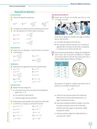 247
APPLICA
©
EDICIONES
SM
Bloque de Álgebra y funciones
Destreza con criterios de desempeño: Definir y reconocer una función exponencial de manera algebraica y gráfica .
Desarrolla tus destrezas
Comuncicación
2 Calcula las siguientes potencias.
a. 52,23
b. 324,23
c.
4
2,73
1 d.
2
22,05
1
3 Completa una tabla de valores y representa las funcio-
nes de cada par en el mismo plano cartesiano.
a. y 5 3x
y 5
3
x
1
b. y 5 6x
y 5 62x
c. y 5 4x
y 5
4
x
1
Razonamiento
4 Determina, sin dibujarla, si cada función es creciente
o decreciente.
a. y 5 b. y 5 7x
c. y 5 52x
d. y 5
Modelación
5 Representa las siguientes funciones exponenciales.
a. y 5 2x
b. y 5 32x
c. y 5 5x
d. y 5 7x
e. y 5 f. y 5 3x
g. y 5 2e2x
h. y 5 2ex
i. y 5 22e2x
j. y 5 2e2x
Comunicación
6 Responde estas preguntas.
a.			¿En qué puntos corta a los ejes de coordenadas la
gráfica de y 5 8x
.
b.		
¿Es creciente o decreciente?
c.		 ¿Presenta algún tipo de asíntota?
7 Realizapasoapasolagráficadecadafunción.Describe
su dominio, su rango y su asíntota horizontal.
a.		 y 5 2x
1 1 b. y 5 3x
2 2
c.		 y 5 3x 2 1
d. y 5 2x 1 2
e.		 y 5 e2x
f. y 5 2ex
g. y 5 ex
2 1		
h. y 5 2 2 e3x
i. y 5 2e2x
		 j. y 5 22e2x
Resolución de problemas
8 Supón que te ofrecen un empleo que dura un mes
y te pagan muy bien.
		
¿Cuál de los siguientes métodos de pago consideras
que es más rentable?
a. Un millón de dólares al final de mes.
b. Dos centavos el primer día del mes, 4 centavos el
segundo día, 8 centavos el tercer día y, en general,
2n
centavos en el n-ésimo día del mes.
9 Saraseencuentrarealizandountrabajodeinvestigación
sobre cómo varía la presión atmosférica en relación
con la altura sobre el nivel del mar. Como parte de su
trabajo registró algunos datos en la Tabla 3.
Altura
(m)
Presión
(mbar)
100 980
1100 882
2100 790
3100 718
		
Ella propuso el siguiente modelo para determinar la
presión, p, a una determinada altura, h.
a. Utiliza los dos primeros datos de la tabla para
determinar los valores aproximados de p0
y k
según la propuesta de Sara.
b. Sara solo considerará válido el modelo si los otros
dos datos se desvían menos del 1% del valor
predicho para ellos según su propuesta. ¿Debe
considerarlo válido?
c. Calcula la presión, según el modelo de Rocío, a
una altura de 4100 m.
Tabla 3
SM
Ediciones
 