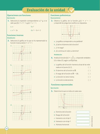 266
APPLICA
©
EDICIONES
SM
Evaluación de la unidad
Operaciones con funciones
Ejercitación
1. Selecciona la expresión correspondiente a f º g, si se
sabe que f(x) 5 x2
1 1 y g(x) 5 x 2 1.
a. x b.x2
c. x2
2 2x d.x2
2 2x 1 2
Funciones inversas
Modelación
2. Selecciona la gráfica en la que se ha representado la
función inversa de f(x) 5 x3
1 1.
a.
O 1
1
X
Y
b.
O 1
1
X
Y
c.
O 1
1
X
Y
d.
O 1
1
X
Y
Funciones polinómicas
Razonamiento
3. Observa la gráfica de la función g(x) 5 x4
2 1
y responde las preguntas. Justifica tus respuestas.
O 1
1
X
Y
a. ¿La gráfica corresponde a una parábola?
b. ¿Cuál es el dominio de la función?
c. ¿Y el rango?
d. ¿Es continua en todo su dominio?
Modelación
4. Analiza la función f(x) 5
2
2
2
2
x 1 1
y responde verdadero
(V) o falso (F), según corresponda.
a. La gráfica de la función intersecta al eje de las orde-
nadas en el punto (0, 2). ( )
b. El dominio de la función es R. ( )
c. El rango de la función es R 2 {0}. ( )
d. La función no tiene inversa. ( )
e. La función es decreciente. ( )
Funciones exponenciales
Ejercitación
5. Determina lo que se indica en cada caso.
O 1
1
X
Y
a. Dominio de la función
b. Rango de la función
c. Intersecto con el eje X
d. Intersecto con el eje Y
e. Asíntota horizontal
 