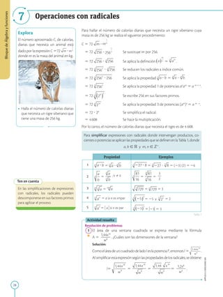 28
Bloque
de
Álgebra
y
funciones
APPLICA
©
EDICIONES
SM
7 Operaciones con radicales
Ten en cuenta
En las simplificaciones de expresiones
con radicales, los radicales pueden
descomponerse en sus factores primos
para agilizar el proceso.
Explora
El número aproximado C, de calorías,
diarias que necesita un animal está
dado por la expresión C 572 ?
donde m es la masa del animal en kg.
• Halla el número de calorías diarias
que necesita un tigre siberiano que
tiene una masa de 256 kg.
Para hallar el número de calorías diarias que necesita un tigre siberiano cuya
masa es de 256 kg se realiza el siguiente procedimiento:
C 5 72 ?
5 72 ? Se sustituye m por 256.
5 72 ? Se aplica la definición 5 .
5 72 ? Se reducen los radicales a índice común.
5 72 Se aplica la propiedad 5 ? .
5 72 Se aplica la propiedad 1 de potencias an
am
5 a m 1 n
.
5 72 Se escribe 256 en sus factores primos.
5 72 Se aplica la propiedad 3 de potencias (am
)n
5 a m ? n
.
5 72 ? 26
Se simplifica el radical.
5 4608 Se hace la multiplicación.
Por lo tanto, el número de calorías diarias que necesita el tigre es de 4 608.
Para simplificar expresiones con radicales donde intervengan productos, co-
cientesopotenciasseaplicanlaspropiedadesquesedefinenenlaTabla1,donde
a, b [ R y m, n [ Z1
.
Propiedad Ejemplos
1 5 ? 5 ? 5 (23) (2) 5 26
2 5 5 5
3
2
2
3 5 5 5 3
4 5 a si n es impar 5 25 y 5 2
5 5 ) a ) si n es par 5 )23) 5 3
Actividad resuelta
Resolución de problemas
1 El área de una ventana cuadrada se expresa mediante la fórmula
A 5
1,44x16
2
2
2
w8
. ¿Cuáles son las dimensiones de la ventana?
		
Solución:
		
Comoeláreadeuncuadradodeladoleslapotencial2
,entoncesl5 .
Alsimplificarestaexpresiónsegúnlaspropiedadesdelosradicales,seobtiene:
		
l5 5 5 5
1,2x8
2
2
2
w4
.
Tabla 1
; b Þ 0
SM
Ediciones
 