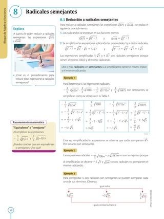 30
Bloque
de
Álgebra
y
funciones
APPLICA
©
EDICIONES
SM
8 Radicales semejantes
Explora
A Juanita le piden reducir a radicales
semejantes las expresiones
y .
• ¿Cúal es el procedimiento para
reducir estas expresiones a radicales
semejantes?
Razonamiento matemático
“Equivalente” o “semejante”
Al simplificar las expresiones
2
3
2
4
y
3
2
4
¿Puedes concluir que son equivalentes
o semejantes? ¿Por qué?
8.1 Reducción a radicales semejantes
Para reducir a radicales semejantes las expresiones y , se realiza el
siguiente procedimiento:
1. Los radicandos se expresan en sus factores primos:
5 y 5
2. Se simplifican las expresiones aplicando las propiedades 1 y 4 de los radicales.
5 ? 5 5 y 5 ? 5 4
Las expresiones simplificadas 5 y 4 son radicales semejantes porque
tienen el mismo índice y el mismo radicando.
Dos o más radicales son semejantes si al simplificarlos tienen el mismo índice
y el mismo radicando.
Ejemplo 1
Para determinar si las expresiones radicales:
2
3
2
5
,
3
2
2
, 2
1
2
7
y
3
2
8
son semejantes, se
simplifican como se observa en la Tabla 1.
2
3
2
5
5 2
3
2
5
5 2
3
2
5
? 5 ? x2
5 23x2
3
2
2
5
3
2
2
5
3
2
2
? 2 ? 3
5 9
2
1
2
7
5 2
1
2
7
5 2
1
2
7
? 7? x3
5 2x3
3
2
8
5
3
2
8
5
3
2
8
? 3 ? 5
5
45
2
8
Una vez simplificadas las expresiones se observa que todas comparten .
Por lo tanto son semejantes.
Ejemplo 2
Las expresiones radicales 2
1
2
5
y no son semejantes porque
al simplificarlas se obtiene 22 y y estos radicales no comparten el
mismo radicando.
Ejemplo 3
Para comprobar si dos radicales son semejantes se pueden comparar cada
uno de sus términos. Observa:
igual índice
igual cantidad subradical
3 3 3
Tabla 1
SM
Ediciones
 