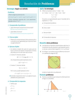 APPLICA
©
EDICIONES
SM
Resolución de Problemas
35
Estrategia: Seguir un método
Problema
Observa algunas potencias de x.
x0
5 1, x1
5 x, x2
5 21, x3
5 2x, x4
5 1, x5
5 x, x6
5 21
¿Cómo calcularías potencias de x con exponentes
grandes como x60
o x75
?
1. Comprende el problema
• ¿Qué información proporciona el enunciado?
R: Se dan las seis primeras potencias de x.
• ¿Qué debes encontrar?
R: Una forma sencilla de calcular potencias grandes de x
2. Crea un plan
• Observa el comportamiento de las potencias de x
y encuentra una regularidad que te permita hacer
una generalización.
3. Ejecuta el plan
• Los valores se repiten de cuatro en cuatro, por eso
busca la forma de expresar el exponente en forma
de producto, en el cual cuatro sea un factor.
• Si tienes x60
, entonces calculas:

			 60 4 4 5 15, luego, 60 5 4 ? 15
	
Así, el exponente puede expresarse como:

(x4
)15
5 (1)15
5 1
• Si tienes x75
, entonces calcula:

75 5 4 ? 18 1 3
 Por lo tanto, puede expresarse como:

x75
5 (x4
)18
? x3
5 1 ?(21) 5 21.
R:Se divide el exponente entre 4 y se aplican las pro-
piedades de la potenciación.
4. Comprueba la respuesta
• Verifica que:
	
x45
5 x
	
x84
5 1
	
x90
5 21
5
1
21
22 0
Aplica la estrategia
1. Observa el producto de (a 1 bx)(a 2 bx).
		
(a 1 bx)(a 2 bx) 5 a2
2 abx 1 abx 2 (bx)2
		
5 a2
2 b2
x2
		
5 a2
1 b2

		 Encuentra una generalización para el resultado de la
expresión (a 1 bx)2
.
a. Comprende el problema
		
b. Crea un plan
		
c. Ejecuta el plan
		
d. Comprueba la respuesta
		
Resuelve otros problemas
2. Una bacteria se reproduce duplicándose cada hora. Si
inicialmente hay dos bacterias, ¿qué expresión permi-
te calcular cuántas habrá luego de 2, 3, 4, 5 y 6 horas?
3. En la Figura 1 se muestra una circunferencia inscrita en
un cuadrado de diagonal 5 .

		 ¿Cuál es el radio de la circunferencia?
Formula problemas
4. Inventa un problema que involucre la información de
la Figura 2 y resuélvelo.
Figura 1
Figura 2
 