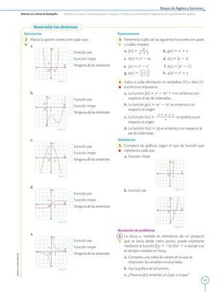 53
Bloque de Álgebra y funciones
APPLICA
©
EDICIONES
SM
Destreza con criterios de desempeño: Definir y reconocer funciones pares e impares, con base a su formulación algebraica y/o representación gráfica.
Desarrolla tus destrezas
2
1
X
Y
O
X
Y
O
1
1
X
Y
O
1
1
X
Y
O
1
1
X
Y
O
1
1
Ejercitación
2 Marca la opción correcta en cada caso.
a.
Función par
Función impar
Ninguna de las anteriores
b.
Función par
Función impar
Ninguna de las anteriores
c.
Función par
Función impar
Ninguna de las anteriores
d.
Función par
Función impar
Ninguna de las anteriores
e.
Función par
Función impar
Ninguna de las anteriores
X
Y
O
1
1
X
Y
O
1
1
Razonamiento
3 Determina cuáles de las siguientes funciones son pares
y cuáles, impares.
a. f(x) 5
x3
2
2
2
x3
1 3
b. g(x) 5 x2
1 4
c. h(x) 5 x3
2 4x d. i(x) 5 |x 2 1|
e. j(x) 5 x5
2 x3
f. k(x) 5 |x5
2 x3
|
g. p(x) 5
x4
2 2
2
2
2
3 2 x2 h. q(x) 5 x2
1 x
4 Indica si cada afirmación es verdadera (V) o falsa (F).
Justifica tus respuestas.
a. La función f(x) 5 x4
2 3x2
1 4 es simétrica con
respecto al eje de ordenadas.
b. La función g(x) 5 4x5
2 3x3
es simétrica con
respecto al origen.
c. La función h(x) 5
x4
1 x2
1 1
2
2
2
2
2
2
x
es simétrica con
respecto al origen.
d. La función h(x) 5 |x| es simétrica con respecto al
eje de ordenadas.
Modelación
5 Completa las gráficas, según el tipo de función que
representa cada una.
a. Función impar
b. Función par
Resolución de problemas
6 La altura y, medida en kilómetros de un proyectil
que se lanza desde cierto punto, puede expresarse
mediante la función f(x) 5 20,125x2
1 4, donde x es
el tiempor medido en horas.
a. Completa una tabla de valores en la que se
relacionen las variables involucradas.
b. Haz la gráfica de la función.
c. ¿Presenta f(x) simetría? ¿Es f par o impar?
Figura 5
Figura 6
Figura 7
Figura 8
Figura 10
Figura 11
Figura 9
 