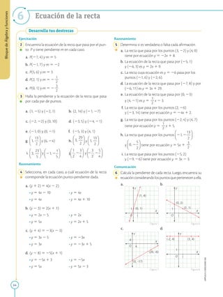 64
APPLICA
©
EDICIONES
SM
Bloque
de
Álgebra
y
funciones
6
Desarrolla tus destrezas
Ejercitación
2 Encuentra la ecuación de la recta que pasa por el pun-
to P y tiene pendiente m en cada caso.
a. P(27, 4) y m 5 5
b. P(21, 7) y m 5 22
c. P(5, 6) y m 5 3
d. P(2, 1) y m 5 2
1
2
2
e. P(0, 1) y m 5 2
3
2
2
3 Halla la pendiente y la ecuación de la recta que pasa
por cada par de puntos.
a. (1, 25) y (22, 1) b. (2, 14) y (21, 27)
c. (22, 22) y (0, 10) d. (23, 5) y (24, 21)
e. (21, 0) y (0, 21) f. (25, 3) y (4, 1)
g. y (6, 24) h. y
i. y j.
2
3
4
y
2
5
3
4
Razonamiento
4 Selecciona, en cada caso, a cuál ecuación de la recta
corresponde la ecuación punto-pendiente dada.
a. (y 1 2) 5 4(x 2 2)
		• y 5 4x 2 10 • y 5 4x
		• y 5 4x • y 5 4x 1 10
b. (y 2 3) 5 2(x 1 1)
		• y 5 2x 2 5 • y 5 2x
		• y 5 5x • y 5 2x 1 5
c. (y 1 4) 5 23(x 2 3)
		• y 5 3x 2 5 • y 5 23x
		• y 5 3x • y 5 23x 1 5
d. (y 2 8) 5 25(x 1 1)
		• y 5 25x 1 3 • y 5 25x
		• y 5 5x • y 5 5x 2 3
O 1
1
Y
(1, 4)
(0, 1)
X
O 1
1
Y
(0, 2)
(2, 1)
X
O 4
4
Y
(0, -17)
(20, -6)
X
O 1
1
Y
(-2, 4) (3, 4)
X
Razonamiento
5 Determina si es verdadera o falsa cada afirmación.
a. La recta que pasa por los puntos (3, 22) y (4, 0)
tiene por ecuación y 5 22x 1 8.
b. La ecuación de la recta que pasa por (25, 1)
y (26, 3) es y 5 2x 1 9.
c. La recta cuya ecuación es y 5 26 pasa por los
puntos (21, 6) y (22, 6).
d. La ecuación de la recta que pasa por (27, 8) y por
(26, 11) es y 5 3x 1 29.
e. La ecuación de la recta que pasa por (0, 23)
y (4, 21) es y 5
1
2
2
x 2 3.
f. La recta que pasa por los puntos (2, 26)
y (23, 14) tiene por ecuación y 5 24x 1 2.
g. La recta que pasa por los puntos (22, 4) y (4, 7)
tiene por ecuación y 5
1
2
2
x 1 5.
h. La recta que pasa por los puntos
y tiene por ecuación y 5 5x 1
3
2
2
.
i. La recta que pasa por los puntos (25, 2)
y (29, 26) tiene por ecuación y 5 3x 2 3.
Comunicación
6 Calcula la pendiente de cada recta. Luego, encuentra su
ecuaciónconsiderandolospuntosquepertenecenaella.
a.			 b.
c.			 d.
Figura 5
Figura 7
Figura 6
Figura 8
Ecuación de la recta
 