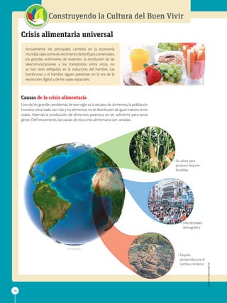 70
Construyendo la Cultura del Buen Vivir
Crisis alimentaria universal
Actualmente los principales cambios en la economía
mundial,talescomoelcrecimientodelosflujoscomerciales,
los grandes volúmenes de inversión, la revolución de las
telecomunicaciones y los transportes, entre otros, no
se han visto reflejados en la reducción del hambre. Las
hambrunas y el hambre siguen presentes en la era de la
revolución digital y de los viajes espaciales.
Causas de la crisis alimentaria
Uno de los grandes problemas de este siglo es la escasez de alimentos, la población
humana crece cada vez más y los alimentos no se distribuyen de igual manera entre
todos. Además la producción de alimentos pareciera no ser suficiente para tanta
gente. Definitivamente, las causas de esta crisis alimentaria son variadas.
• 
Se utiliza para
producir biocom-
bustibles
• 
Alta densidad
demográfica
• Sequías
producidas por el
cambio climático
70
APPLICA
©
EDICIONES
SM
SM Ediciones
 
