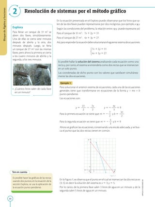 80
APPLICA
©
EDICIONES
SM
Bloque
de
Álgebra
y
funciones
2 Resolución de sistemas por el método gráfico
Explora
Para llenar un tanque de 31 m3
se
abren dos llaves, simultáneamente.
Una de ellas se cierra siete minutos
después de abrirla y la otra, dos
minutos después. Luego, se llena
un tanque de 27 m3
con las mismas
llaves, pero ahora la primera se cierra
a los cuatro minutos de abrirla y la
segunda, a los tres minutos.
• ¿Cuántos litros salen de cada llave
en un minuto?
Ten en cuenta
Es posible hacer las gráficas de las rectas
usando dos puntos; en la situación de la
sección Explora, se usa la aplicación de
la ecuación punto-pendiente.
O
Y
X
1
1
En la situación presentada en el Explora puede observarse que los litros que sa-
len de las dos llaves pueden representarse por dos incógnitas, por ejemplo, x y y.
Según las condiciones del problema, la relación entre x y y. puede expresarse así:
Para el tanque de 31 m3
: 7x 1 2y 5 31
Para el tanque de 27 m3
: 4x 1 3y 5 27
Así,pararesponderlasituacióndebesolucionarseelsiguientesistemadeecuaciones:
Es posible hallar la solución del sistema analizando cada ecuación como una
recta y, por tanto, el sistema se entendería como dos rectas que se intersectan
en un solo punto.
Las coordenadas de dicho punto son los valores que satisfacen simultánea-
mente las dos ecuaciones.
Ejemplo 1
Para solucionar el anterior sistema de ecuaciones, cada una de las ecuaciones
generales tiene que transformarse en ecuaciones de la forma y = mx + b
punto-pendiente.
Las ecuaciones son:
y 5
31
2
2
2
2
7x
2
2
2
   y 5 2
4x
2
2
3
1 9
Para la primera ecuación se tiene que: m 5 2
7
2
2
y b 5
31
2
2
2
Para la segunda ecuación se tiene que: m 5 2
4
2
3
y b 5 9
Ahora se grafican las ecuaciones, conservando una escala adecuada, y se bus-
ca el punto que las dos rectas tienen en común.
En la Figura 1, se observa que el punto en el cual se intersectan las dos rectas es
(3, 5); es decir la solución del sistema es x 5 3; y 5 5.
Por lo tanto, de la primera llave salen 3 litros de agua en un minuto y de la
segunda salen 5 litros de agua en un minuto.
Figura 1
SM
Ediciones
 