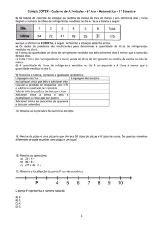 Colégio SOTER - Caderno de Atividades - 6º Ano - Matemática - 1º Bimestre
3
8) Na tabela de controle de estoque da cantina da escola do mês de março ( seis primeiros dias ) ficou
ilegível o número de litros de refrigerantes vendidos no dia 6. Veja a tabela a seguir:
Marque a afirmativa CORRETA, a seguir, referente a situação descrita acima.
a) Os dados do problema são insuficientes para determinar a quantidade de litros de refrigerantes
vendidos no dia 6.
b) A soma da quantidade de litros de refrigerante vendidos nos três primeiros dias é menor que a soma dos
demais dias.
c) O dia 1 foi o dia correspondente a maior venda de litros de refrigerante na cantina da escola no mês de
março.
d) A quantidade de litros de refrigerante vendidos no dia 6 corresponde a 4 litros a menos que a
quantidade vendida no dia 5.
9) Preencha a tabela, tornando a igualdade verdadeira:
Linguagem escrita Linguagem Matemática
Multipliquei cinco por três e adicionei oito
Calculei o produto de cinqüenta por três
e subtrai o resultado de trezentos
Subtrai três do produto de dois por cinco
Adicionei vinte a trinta e dois e
multipliquei o resultado por quatro
Adicionei trinta ao quociente de quarenta
e dois por setembro
10) Resolva as expressões do exercício anterior.
11) Mestre da pizza é uma pizzaria que oferece 20 tipos de pizzas e 8 tipos de sucos. De quantas maneiras
diferentes se pode escolher uma pizza e um suco?
12) Resolva as operações:
a) 25 : 4 =
b) 80 : 8 =
c) (25 x 4) : 2 =
13) Observe a localização do ponto P na reta numérica.
O ponto P representa o número natural:
A) 2.
B) 3.
C) 4.
D) 5.
 